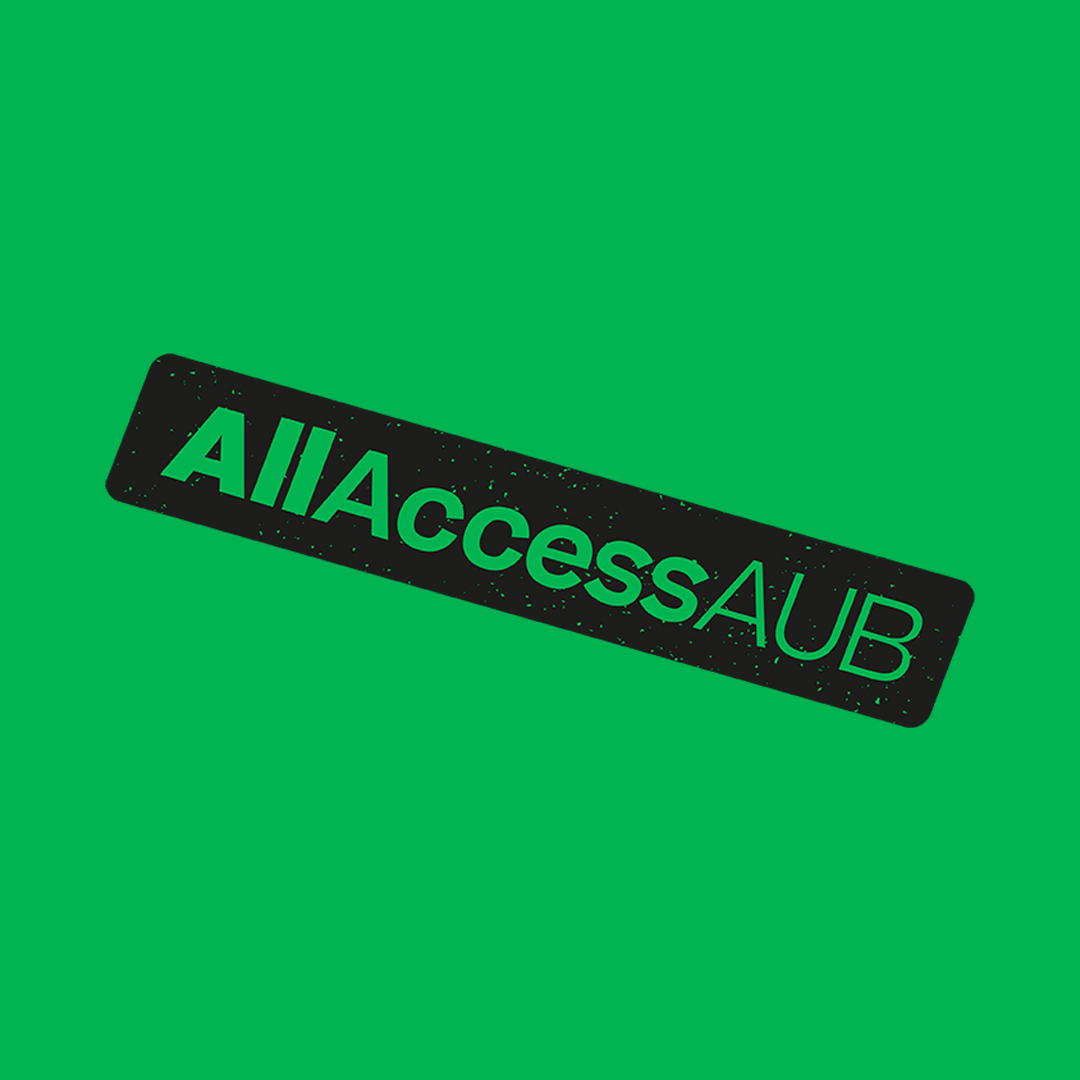 Green banner with the text "All Access AUB" stamped at a slight diagonal in the centre.