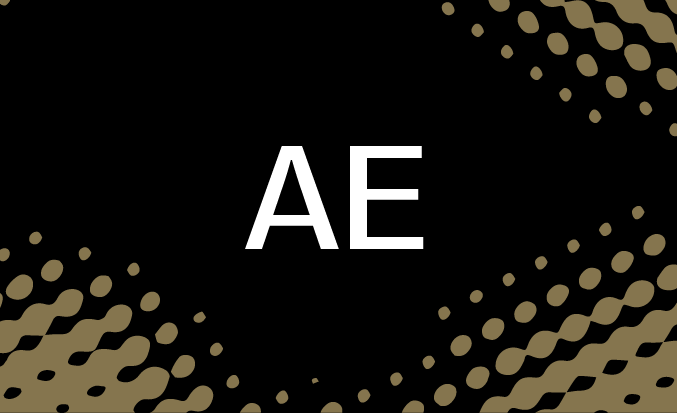 Black tile with gold pixellated accents and the initials "AE" in the centre.