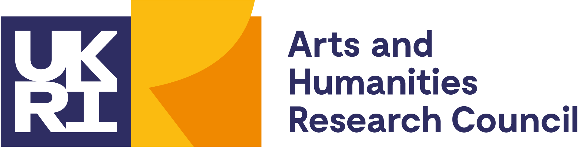 UKRI logo with white text on dark blue square, adjacent orange geometric shape, and "Arts and Humanities Research Council" text.