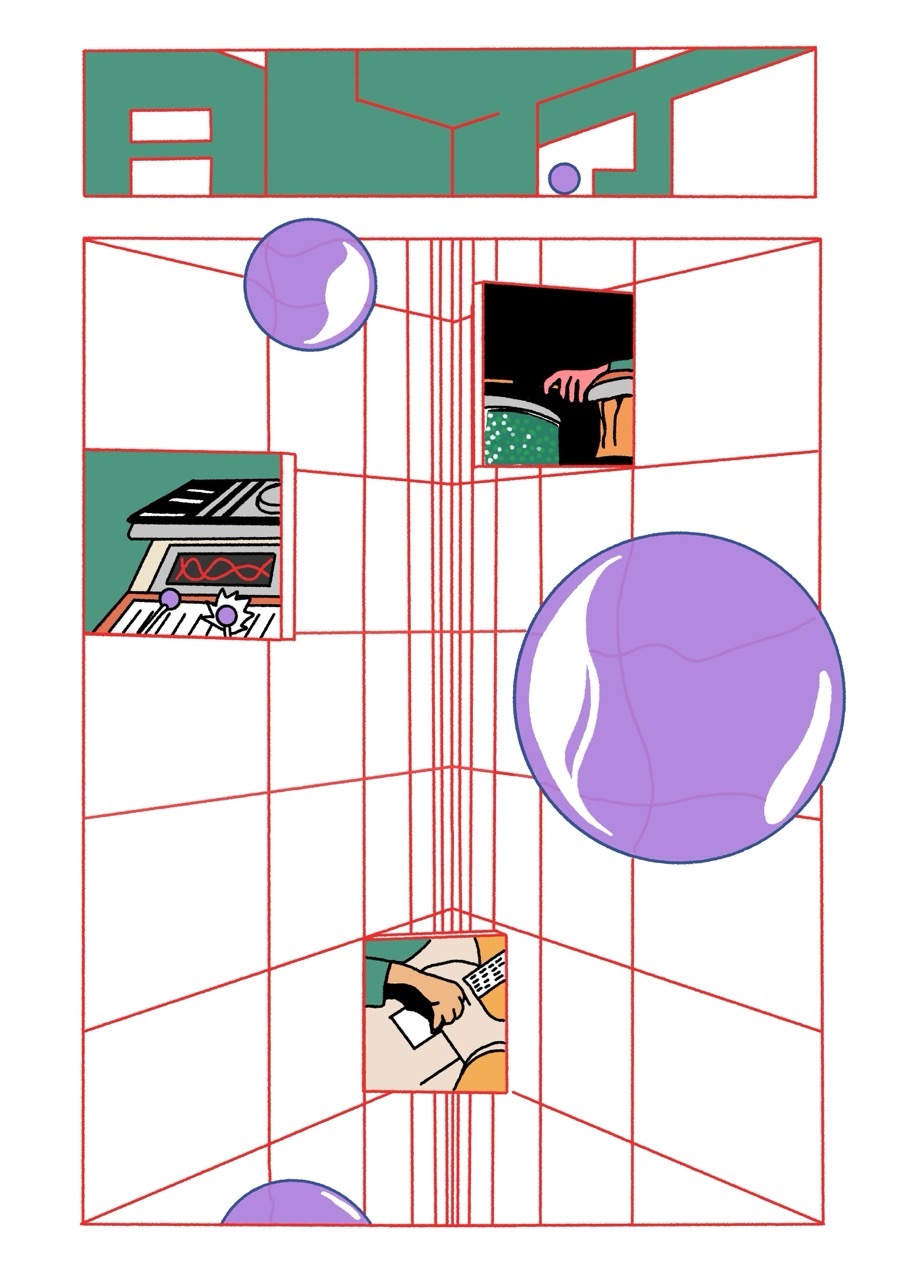 Abstract illustration with red geometry, purple bubbles and hands.