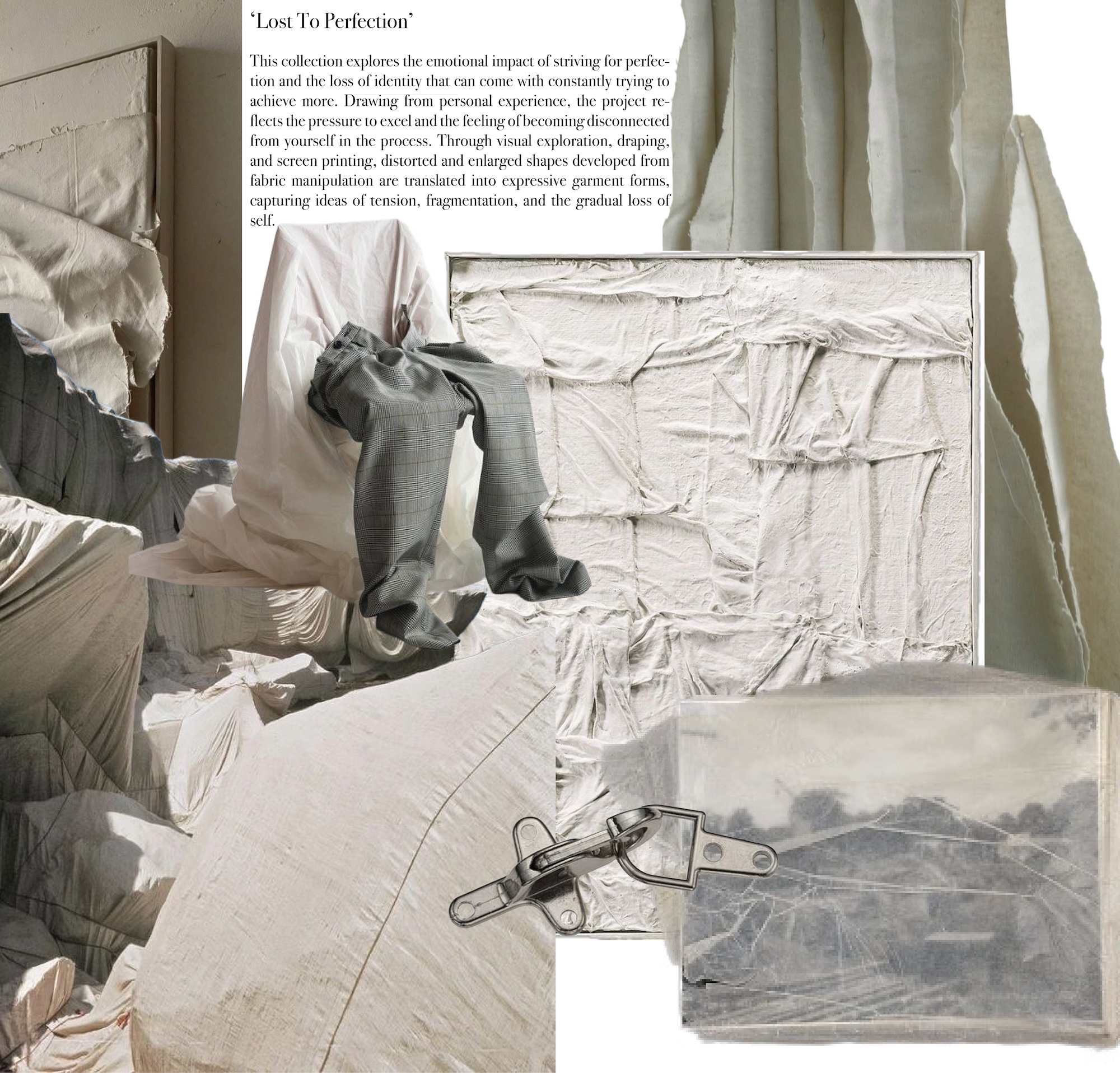 A collage featuring various white and beige fabrics with crumpled textures, including a pair of grey trousers, a rectangular canvas, and a print of abstract mountain landscapes, accompanied by metallic clips. The background is soft and layered.