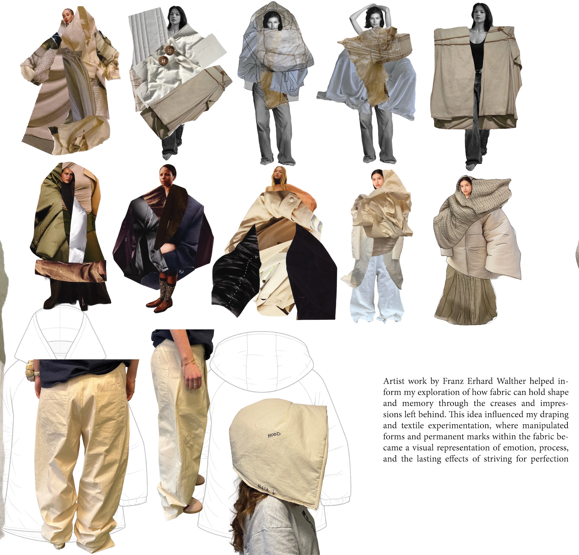A composite image featuring various fabric draping and styling techniques on models. The outfits include layered garments in muted tones, showcasing different shapes, folds, and textures, demonstrating artistic exploration of fabric as an expression of form and memory.