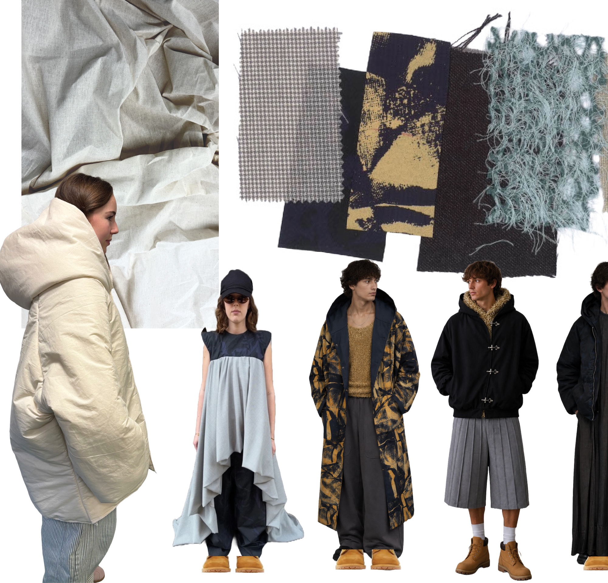 A collage featuring various fashion designs. On the left, a woman in a light beige oversized puffer coat stands sideways. To the right, a group of models displays contemporary clothing, including layered outfits and unique cuts. Fabric swatches are scattered in the background.