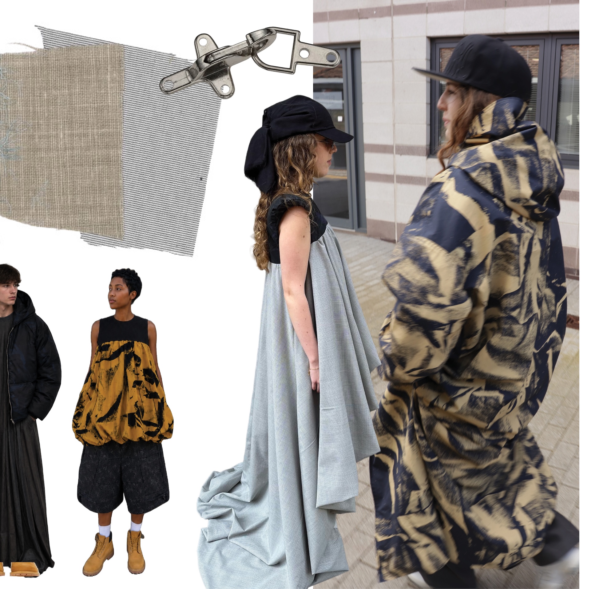 A collage showcasing various fashion designs. It includes a woman in a grey dress with layered fabric, another woman wearing an oversized coat with a camouflage pattern, and two men, one in a black jacket and the other in a patterned top.