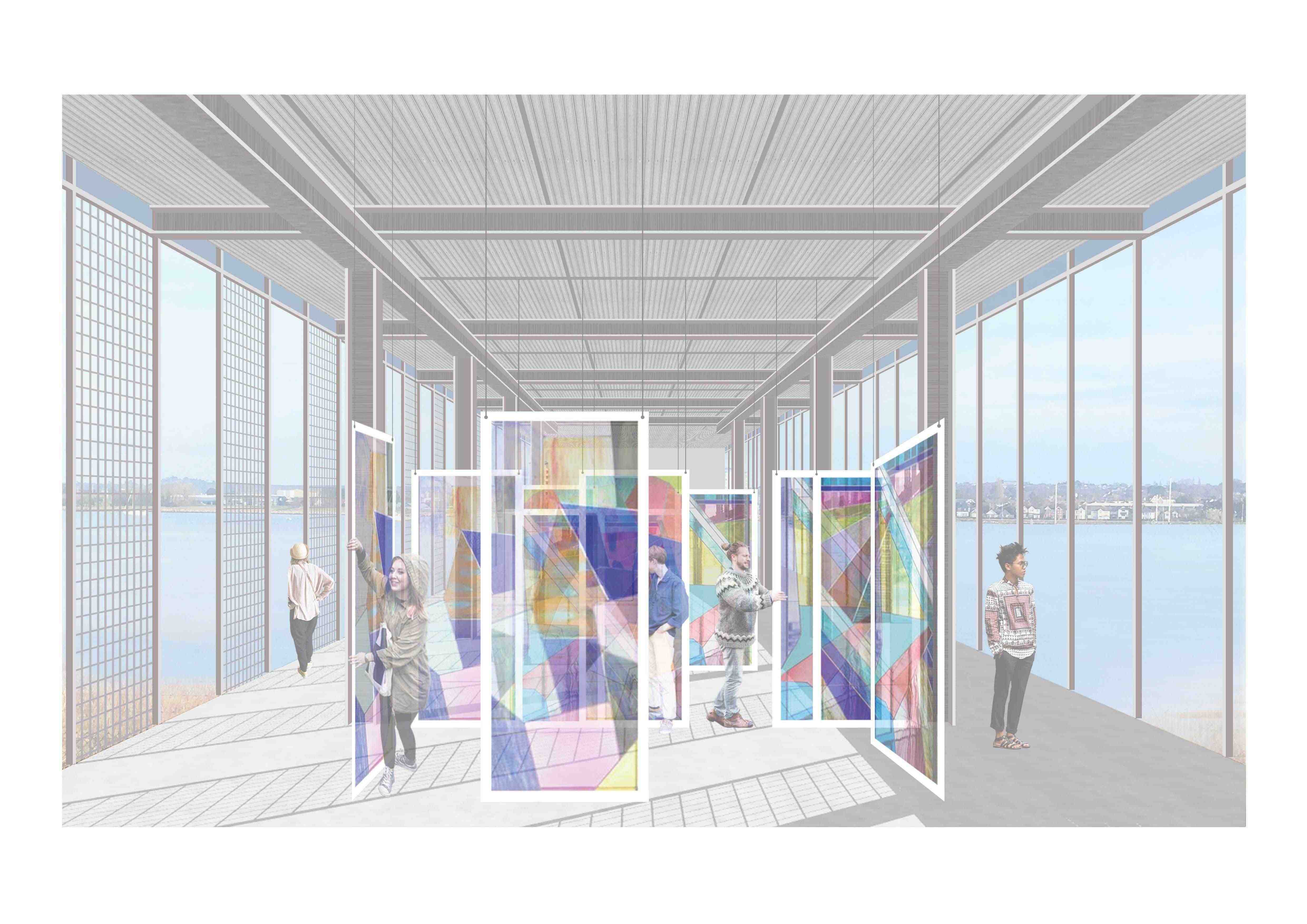 Architectural illustration showing people in a room with multi-coloured panels.