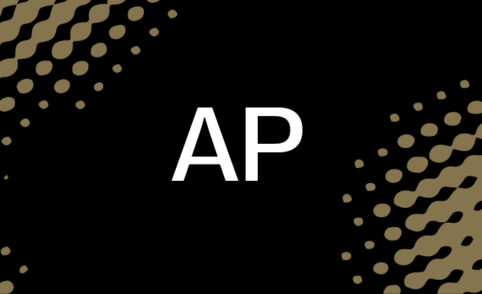 Black tile with gold pixellated accents and the initials "AP" in the centre.