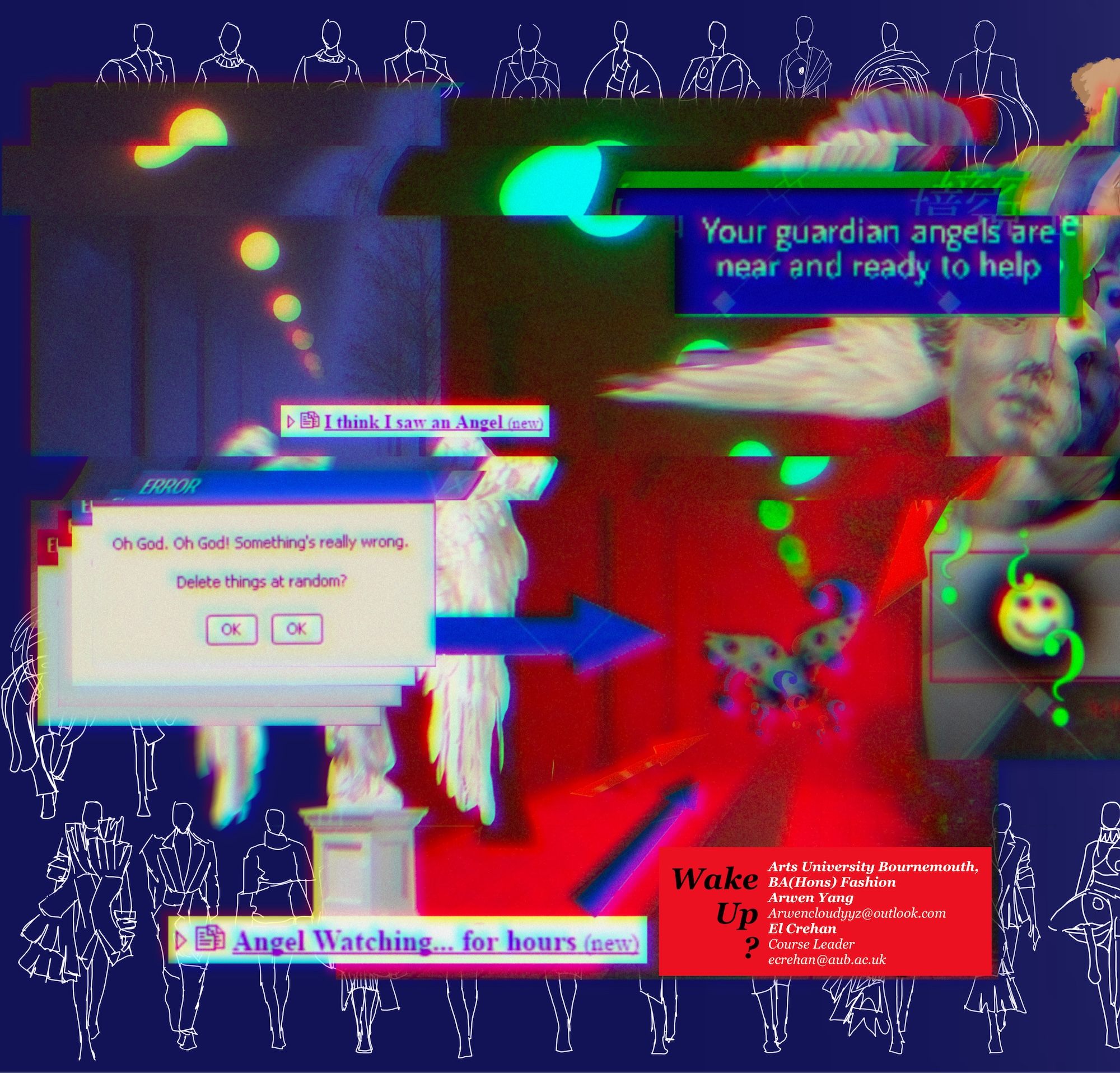 A digital collage featuring overlapping text and images, including a stylised representation of an angel and error message pop-ups. The background is dark with various figures outlined and bright, contrasting colours, creating a chaotic yet intriguing visual.