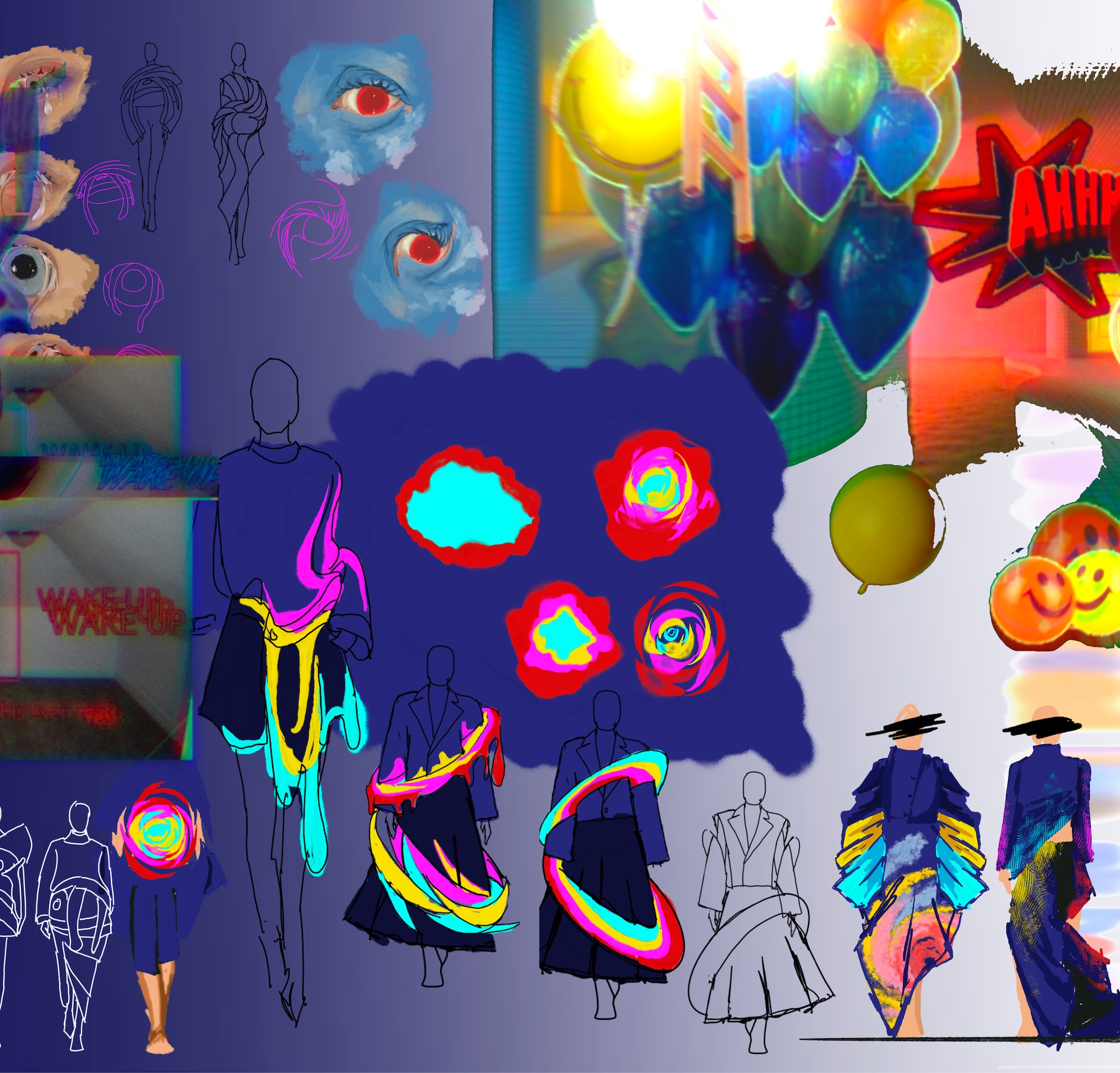 A vibrant collage of fashion sketches, abstract shapes, and colourful graphics. It features figures in stylish clothing, swirling patterns, and various pop art elements, including balloons and animated text, all set against a rich blue background.
