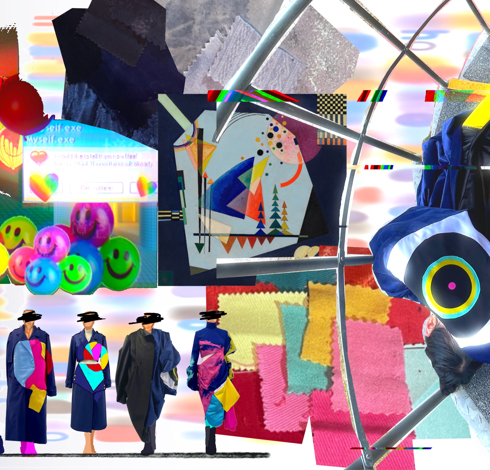 A collage featuring various textures and patterns, with a colour palette of bright hues. The top section includes abstract shapes and colourful circles, while the lower part displays three figures dressed in long coats with bold designs, against a backdrop of fabric swatches.