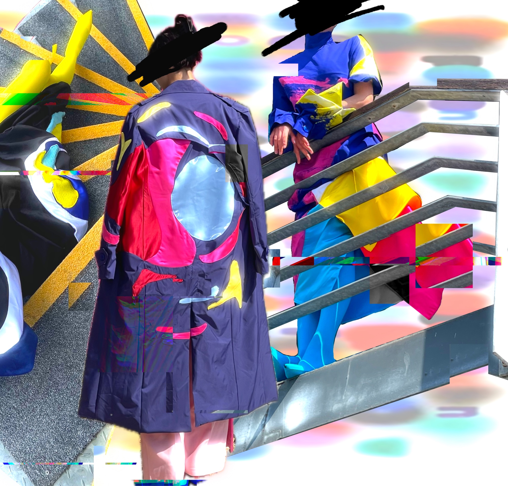 Two individuals stand on a staircase. One wears a multicoloured coat with abstract patterns and the other a matching outfit in bright blue and yellow. The background features a vibrant, stylised graphic design with rays of colour.