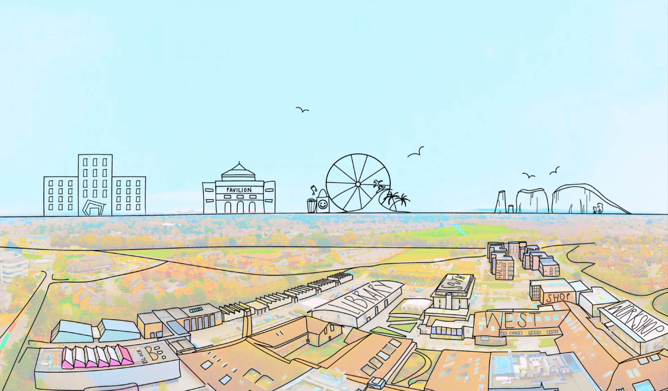 Illustration of a university campus in the foreground, and buildings, a ferris wheel and rocks in the background.
