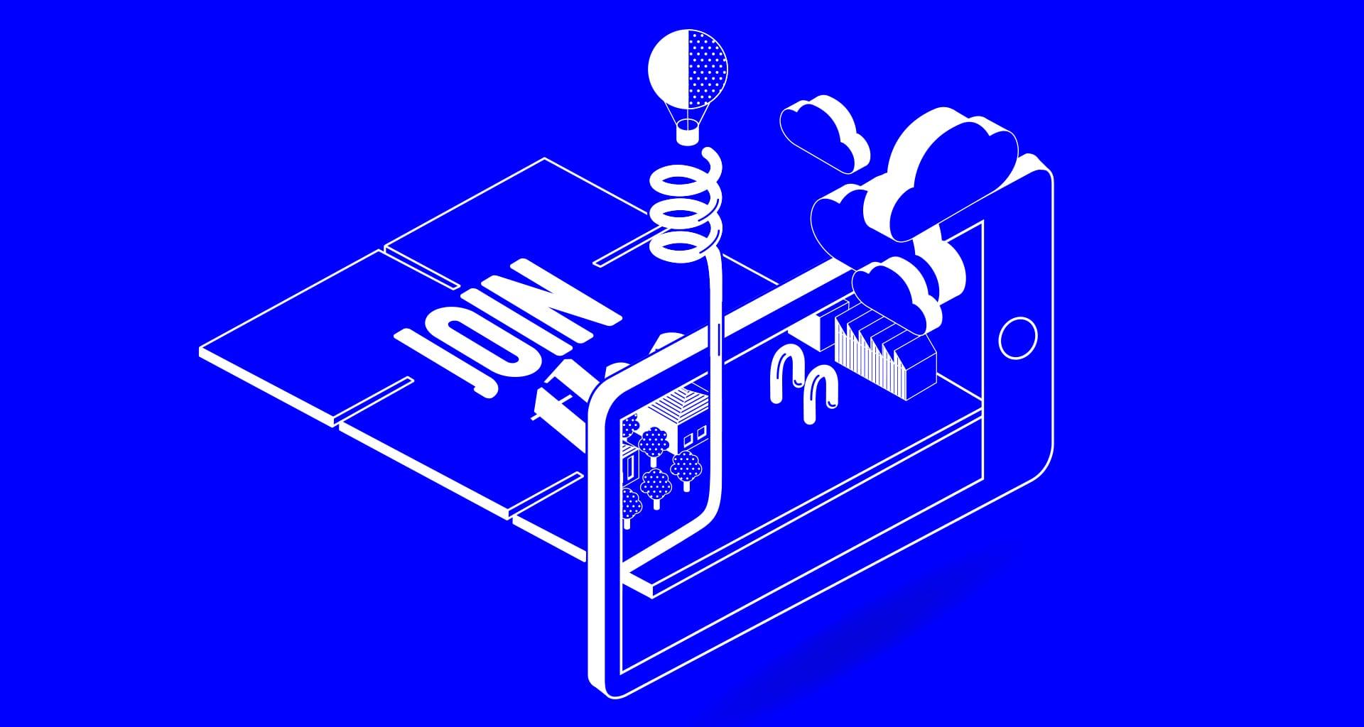 An illustration of a phone screen with 3D clouds, a hot air balloon, a spiral and various buildings set against a blue background.