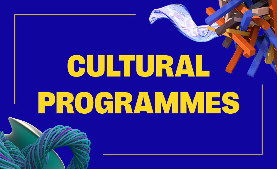 Blue background with yellow text reading "CULTURAL PROGRAMMES" in white rectangular border. Decorative elements include orange/blue angular shapes top right and green/teal curved forms bottom left.