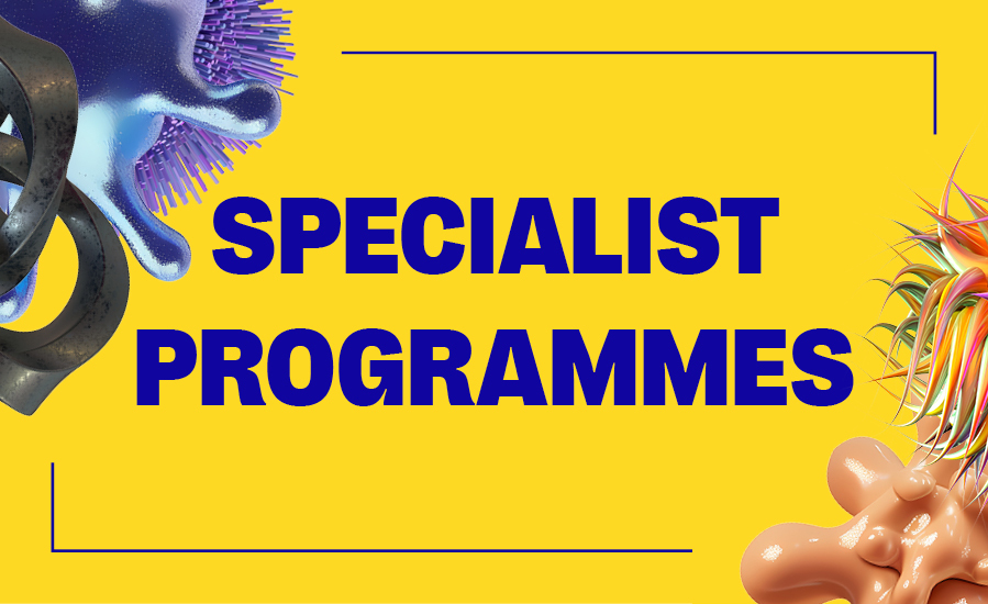 Yellow background with blue text reading "SPECIALIST PROGRAMMES" in bold letters, decorated with colourful marine life illustrations.