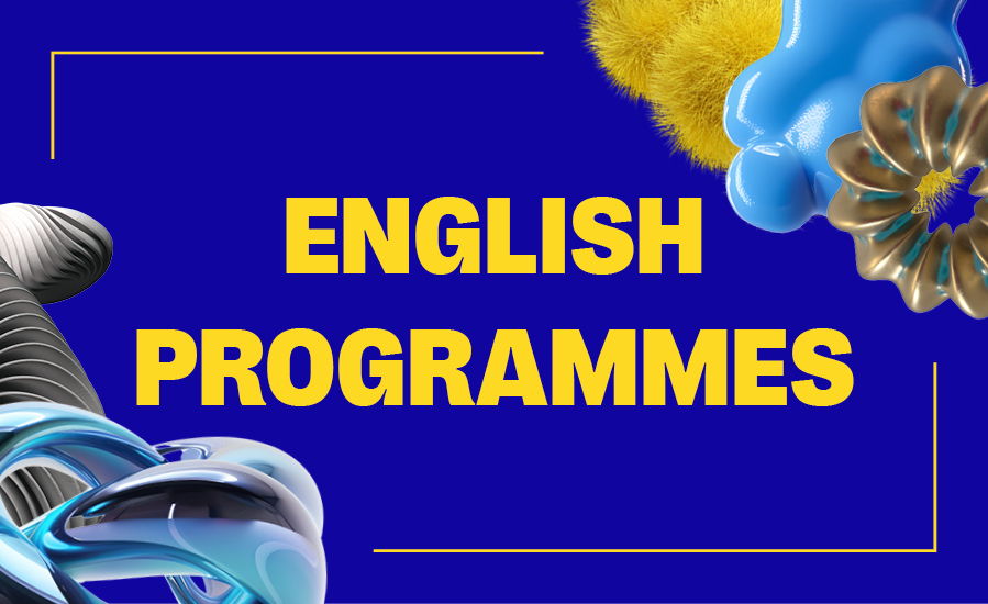 Blue background with yellow text reading "ENGLISH PROGRAMMES" in rectangular frame, decorated with metallic silver and blue 3D shapes.