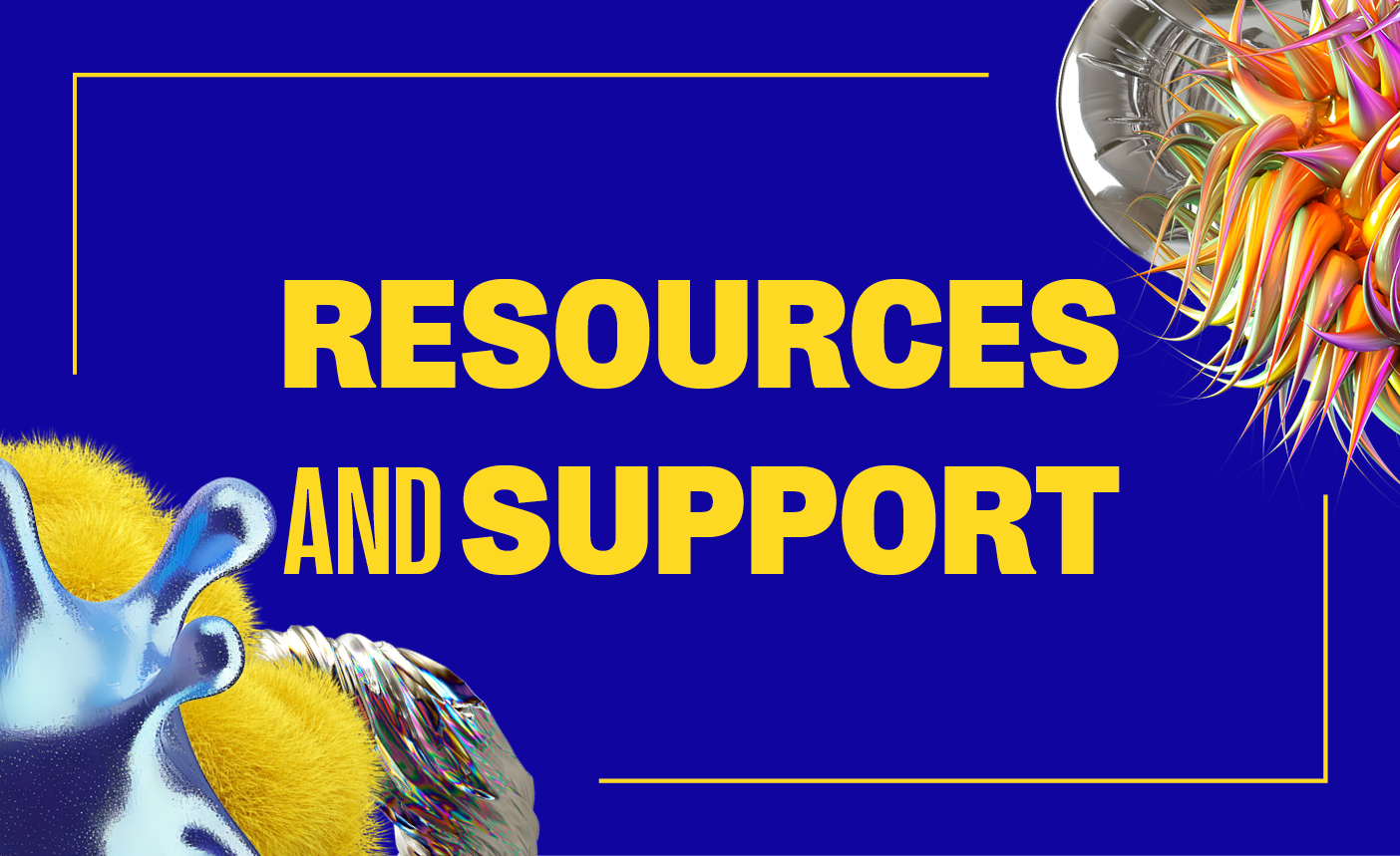 Blue background with yellow text reading "RESOURCES AND SUPPORT" in white rectangular frame. Partial colourful anatomical brain illustration visible in top right corner.