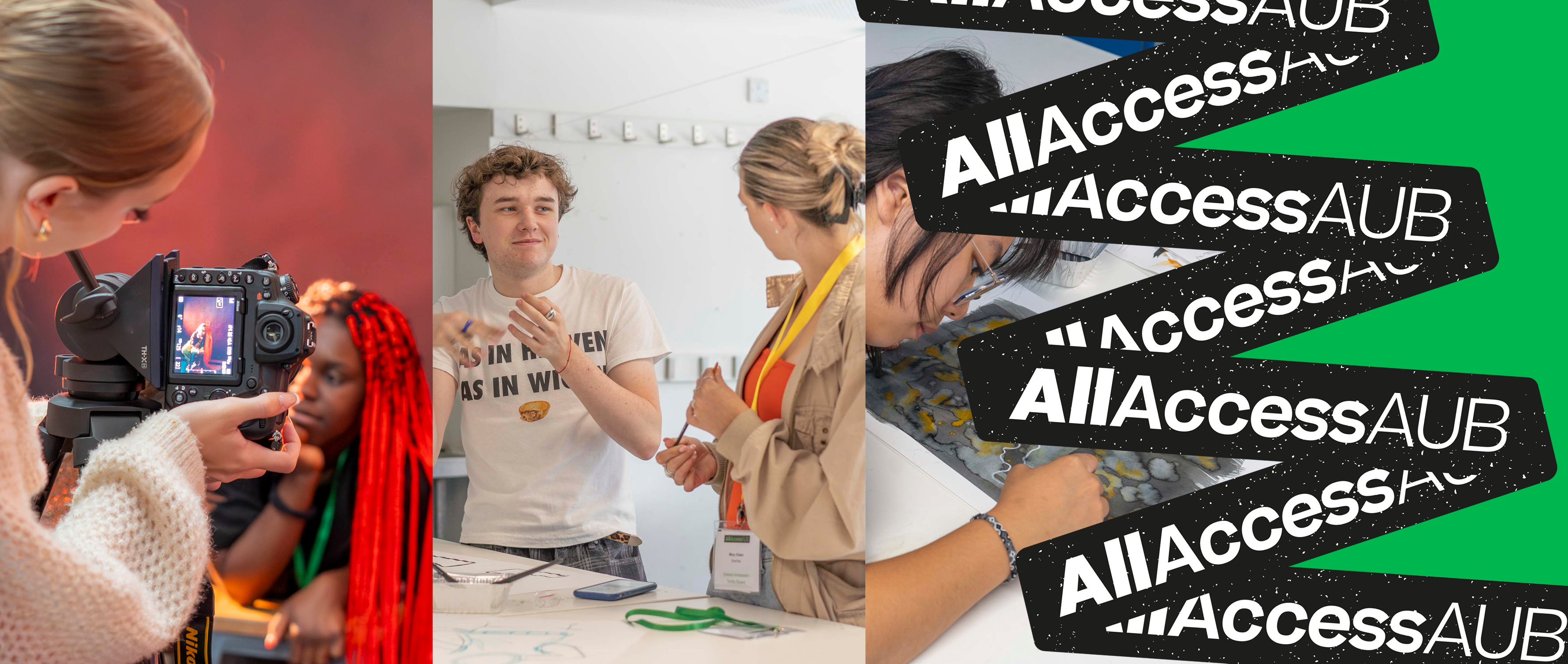 A collage featuring three scenes: a woman taking a photo with a camera, two young people engaging in conversation, and several event passes labelled "AllAccessAUB" against a green background.