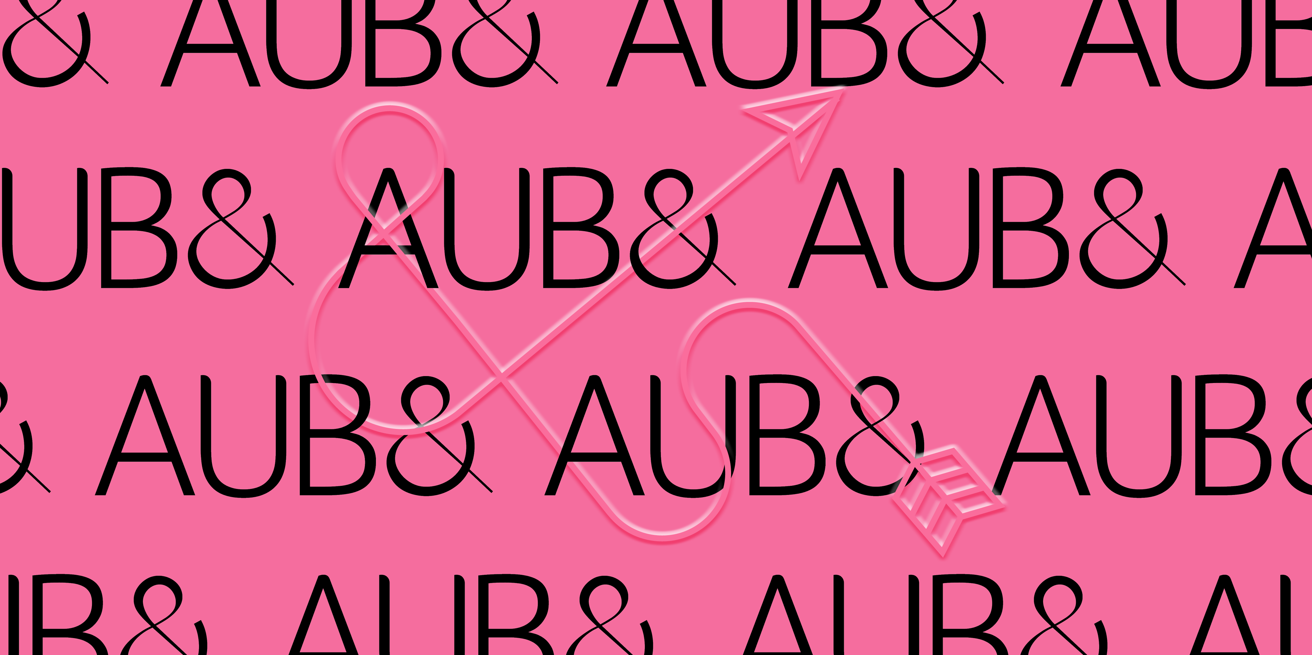 Pink banner with black text reading "AUB&" repeating in several rows. A watermark of an arrow twisted into the elaborate ampersand in the centre.