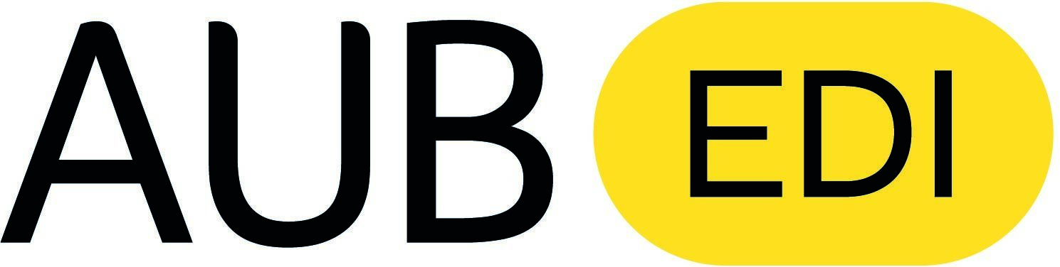 White banner with text reading "AUB". Text reading "EDI" is encased in a yellow oval.