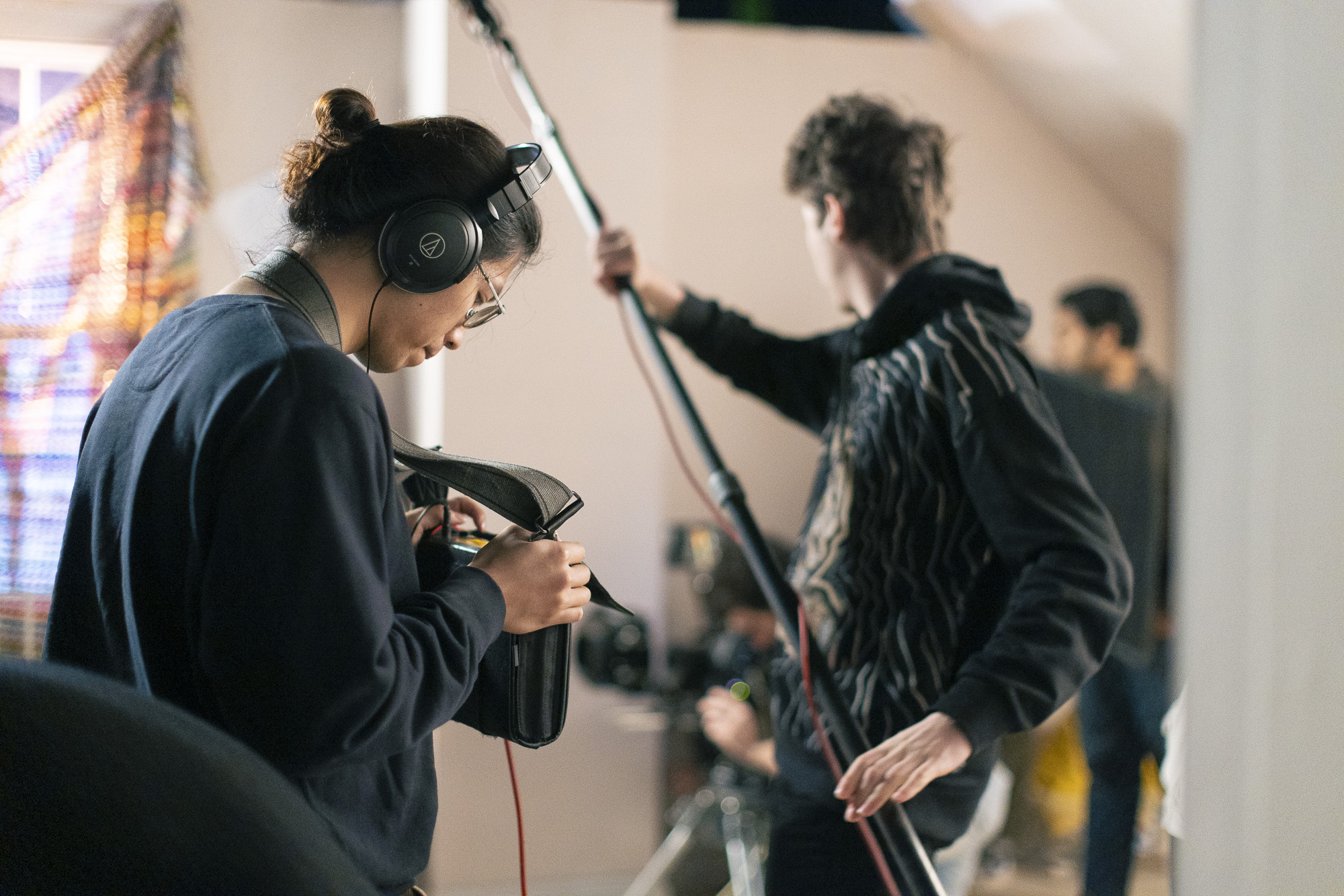 BA (Hons) Film Production student sound crew working on a film set.