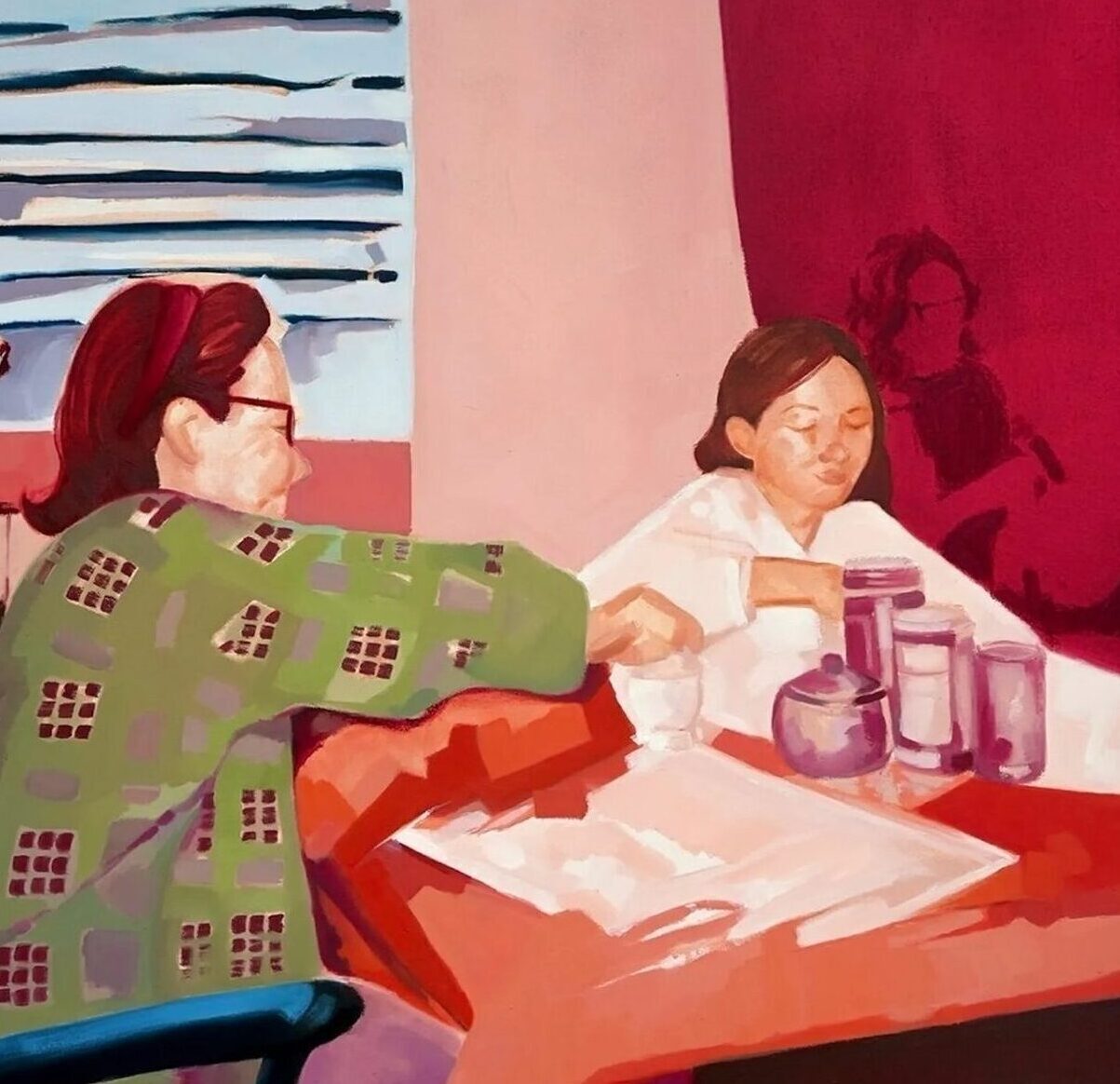 Painting showing two women in an interior space with pink and red walls, horizontal striped blinds, green patterned fabric, and purple objects on a table.