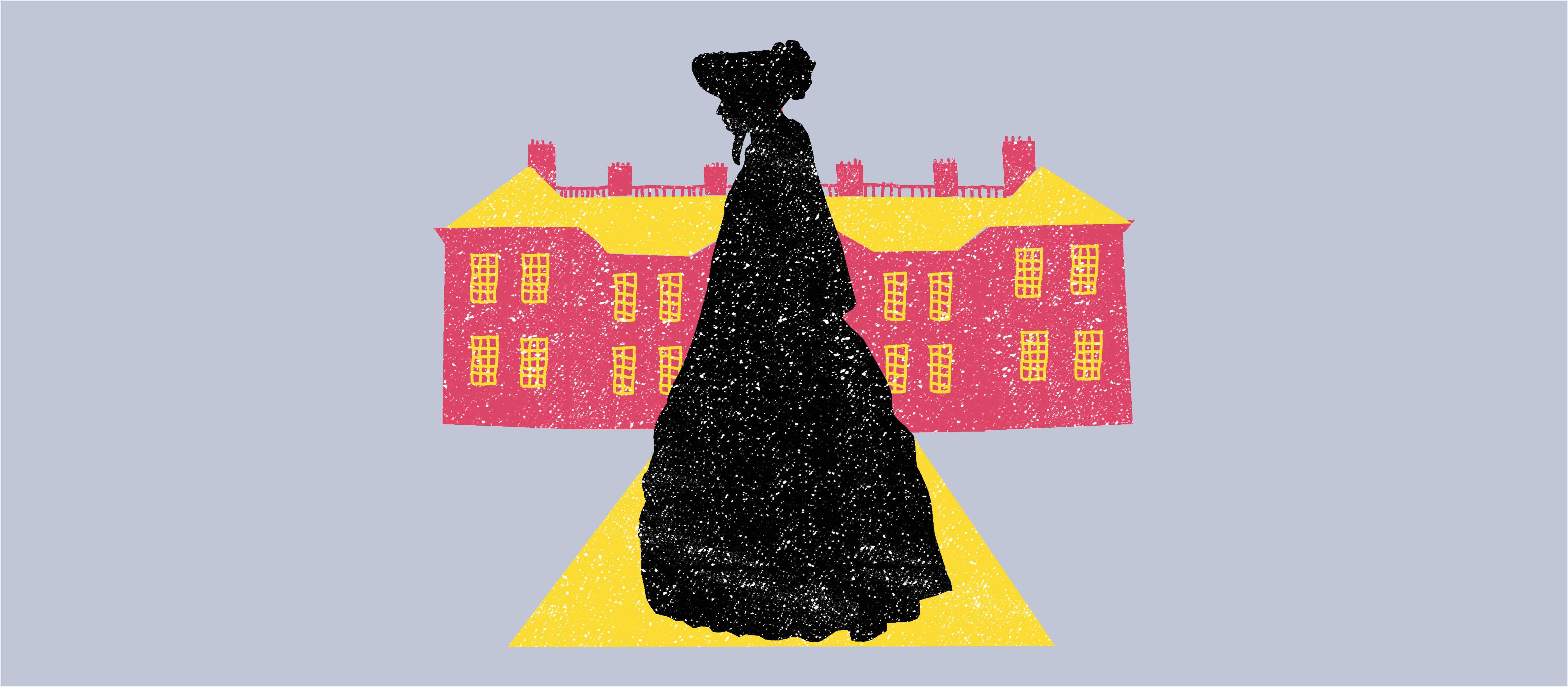 Illustration showing a silhouette of a person in Victorian costume in front of a house.