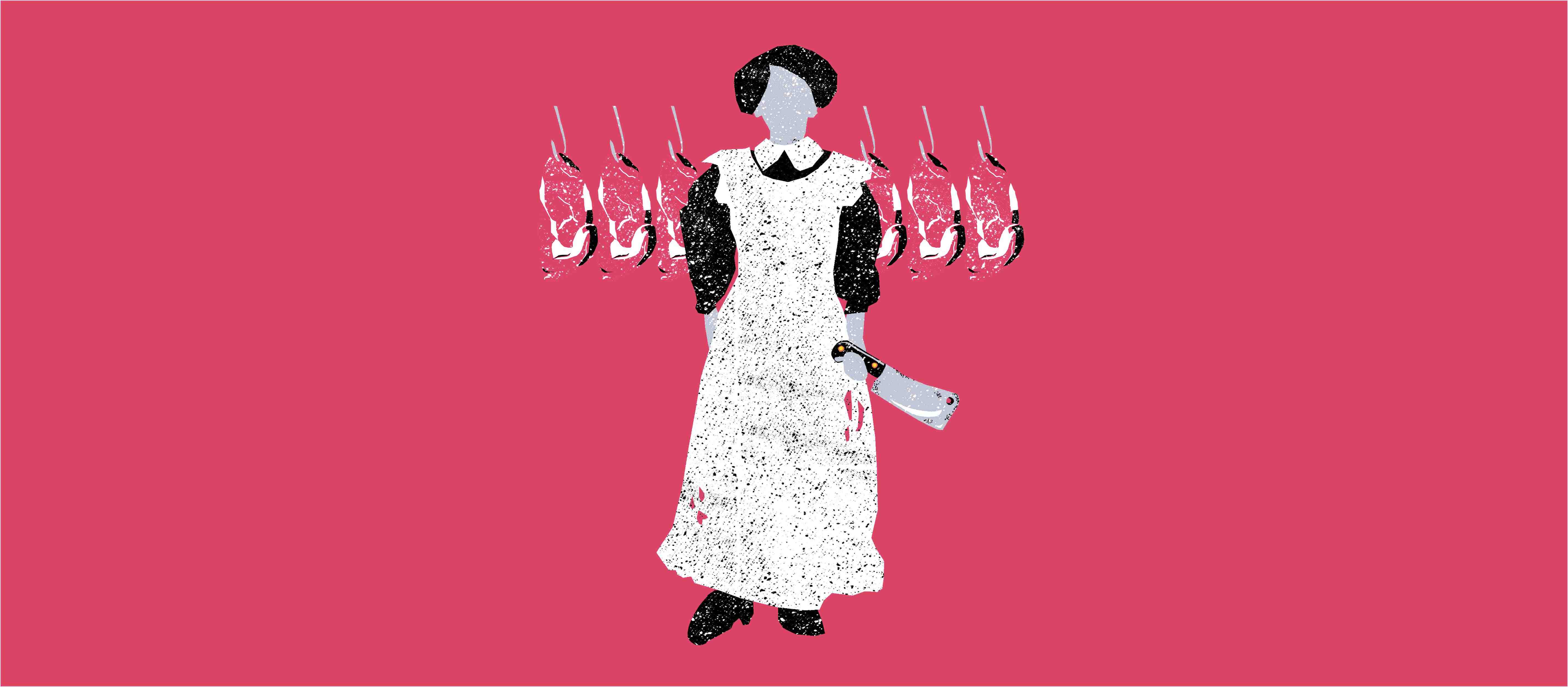 Illustration of a woman with a butchers knife and meat hanging on a rack behind her