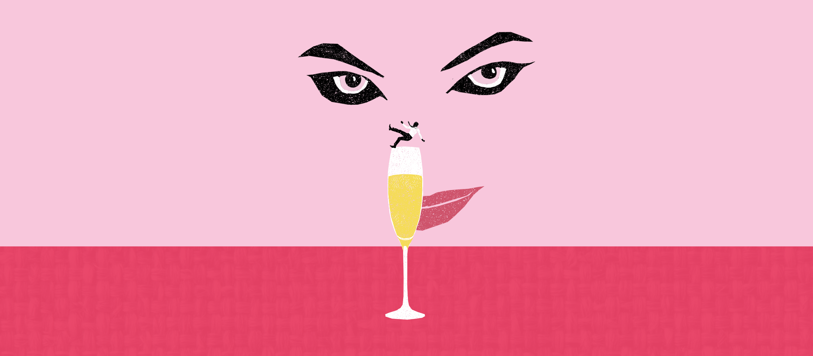 Illustration of a face smirking behind a glass of Prosecco – a man in a suit is falling into the glass