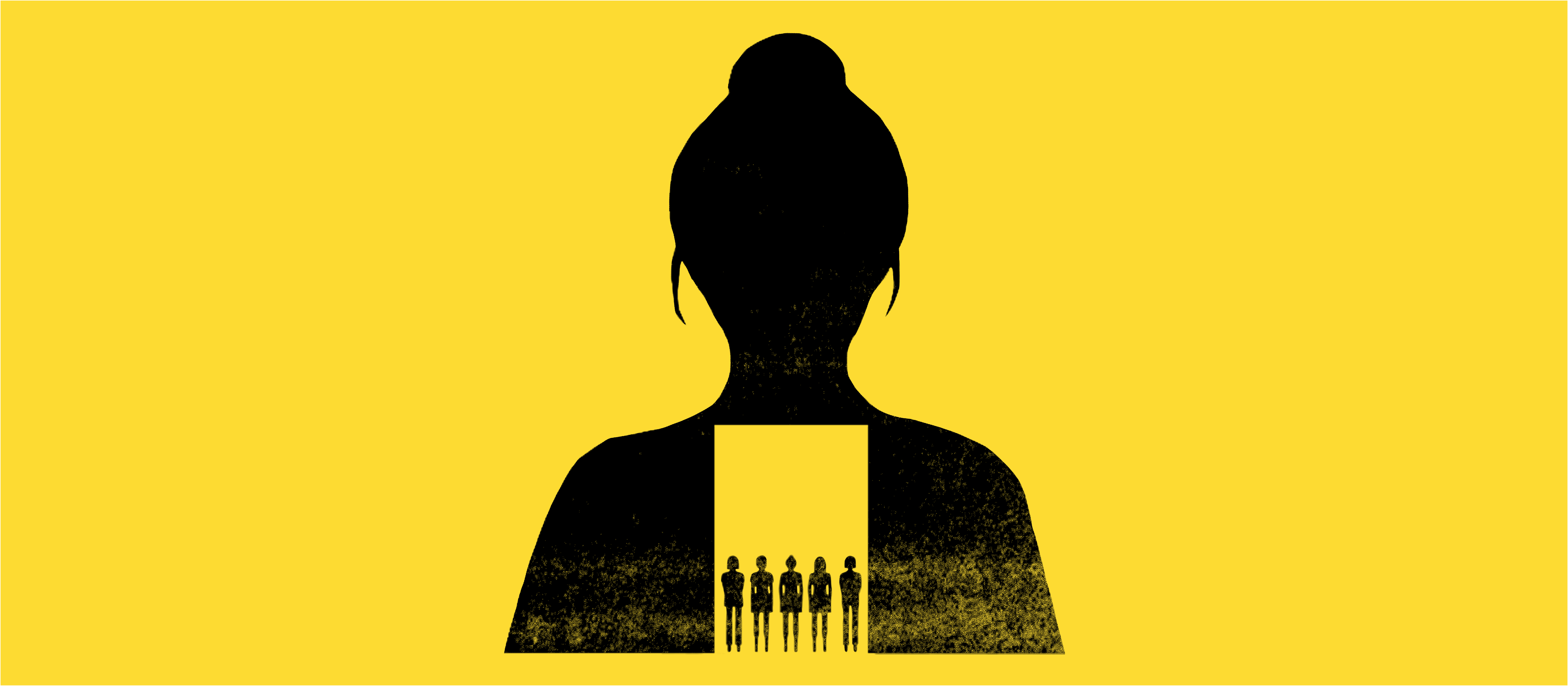 Silhouette of a woman with a doorway in the centre. Five small silhouette figures are stood in the doorway.