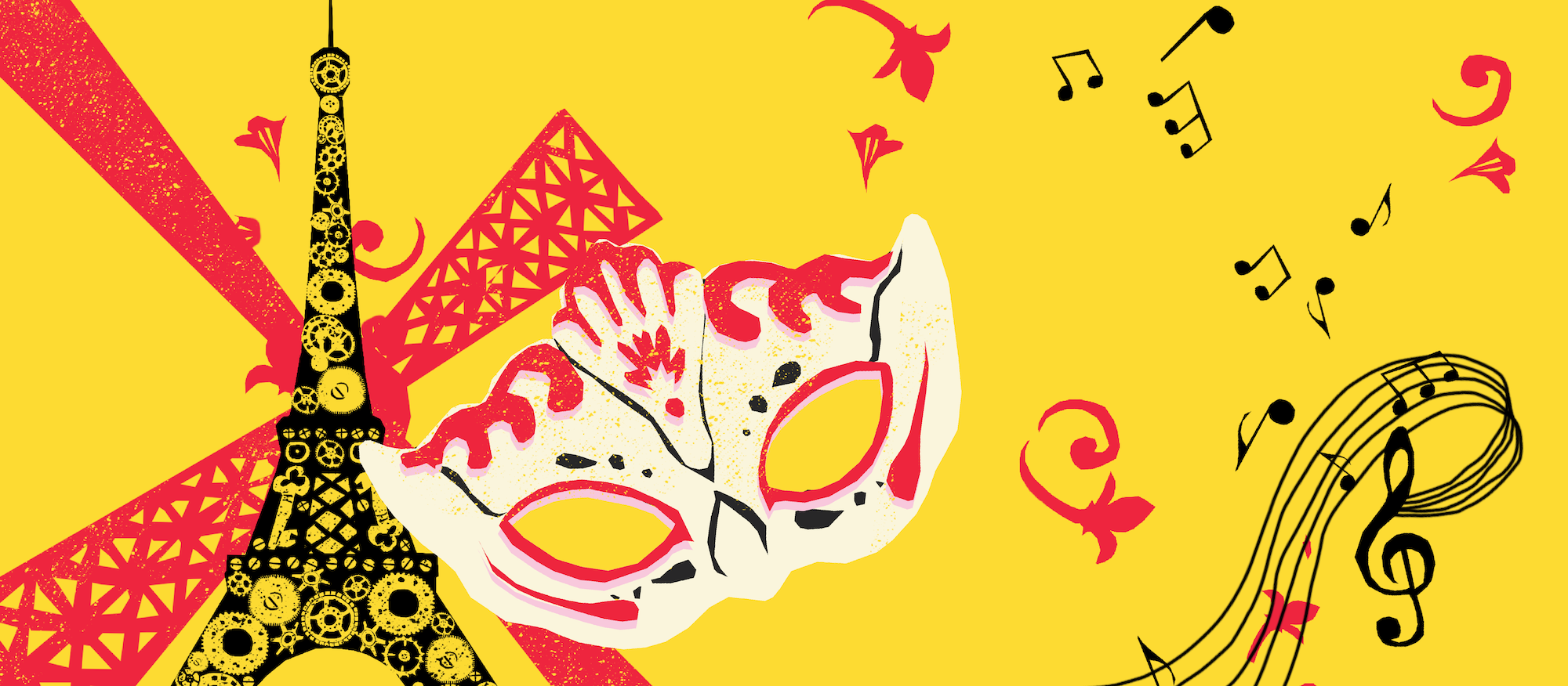 A masquerade eye mask with the Eiffel Tower and the blades of a windmill in the background on the left; musical notes float on the right.