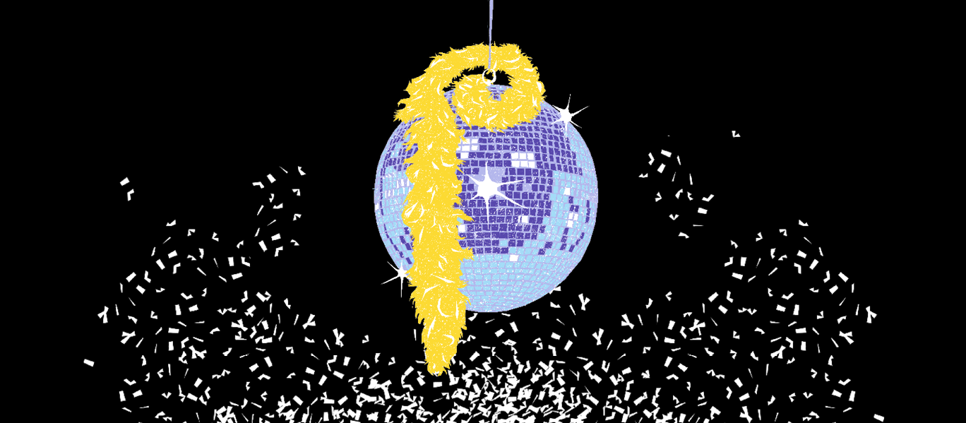 A mirror ball with a feather boa hanging from it against a black background. Surrounded by white confetti.