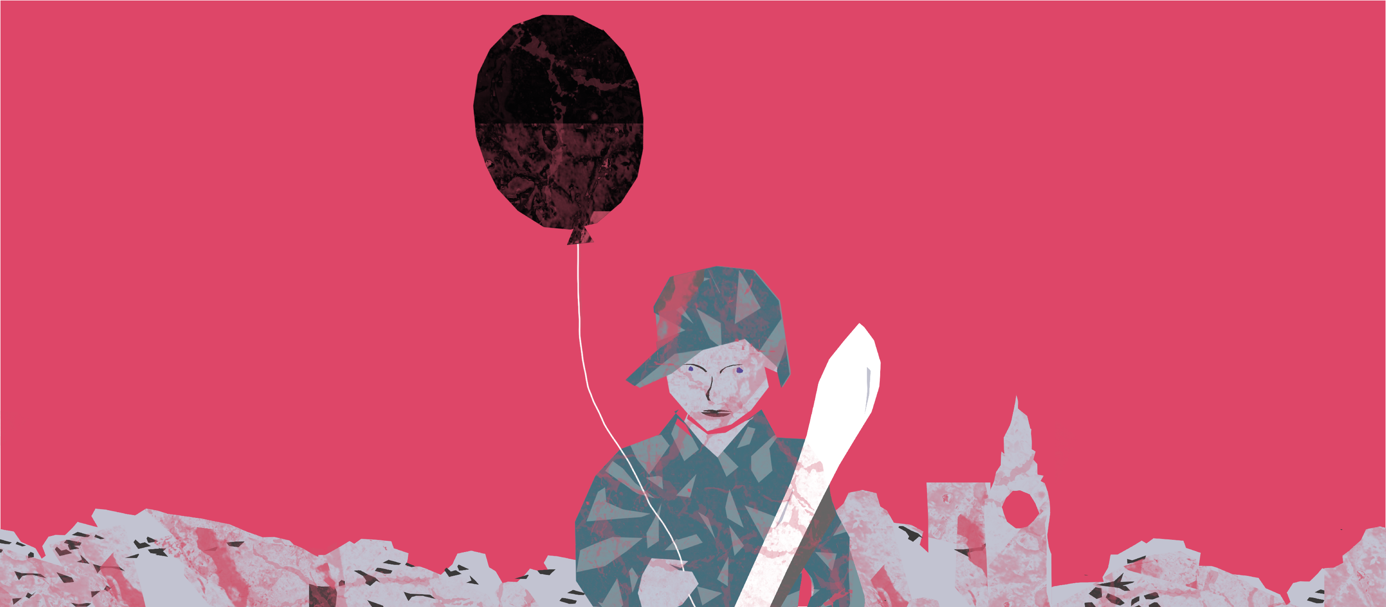 Illustration of a person holding a knife as a weapon and a balloon