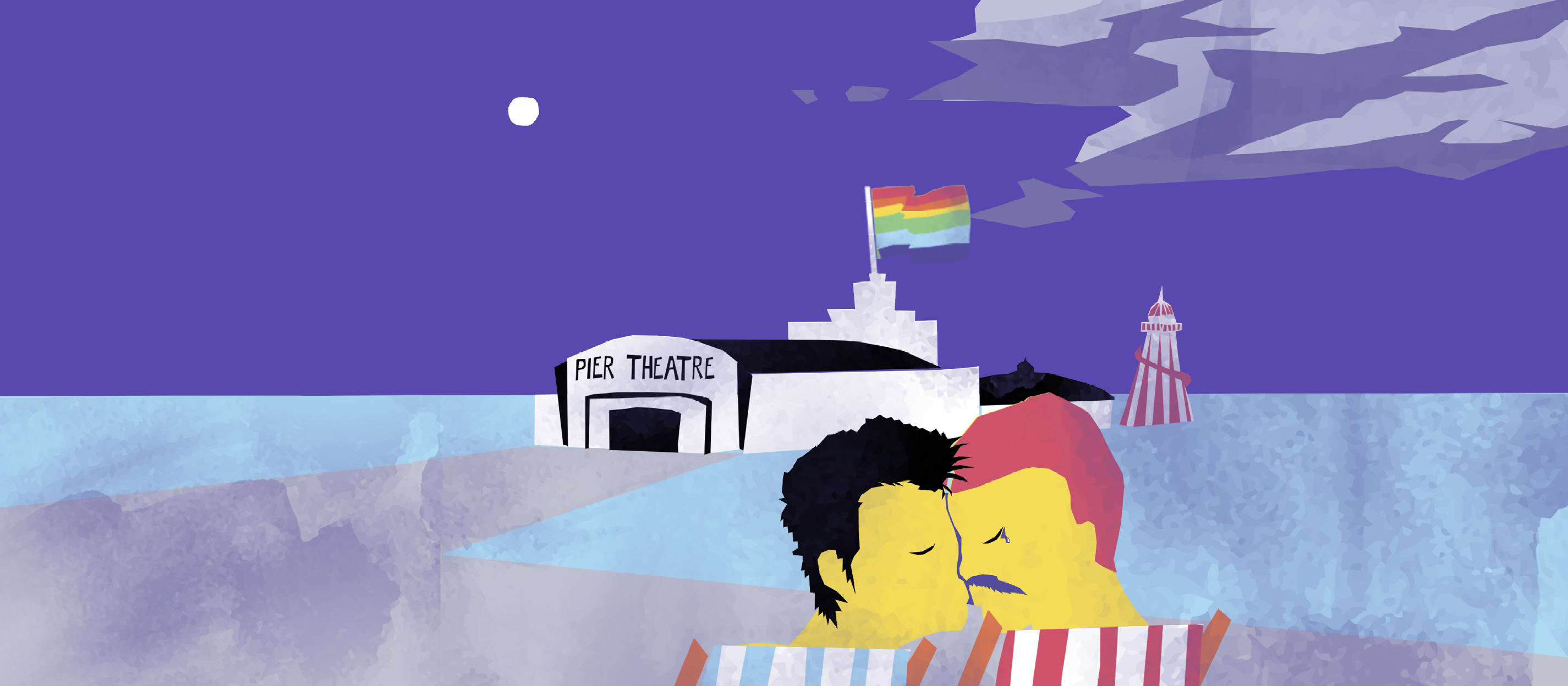 Illustration promoting AUB Productions theatre production of Until the Sun Goes Down –  a masculine presenting, couple are kissing on Bournemouth beach in front of the pier. An LGBT+ pride flag is atop the pier.