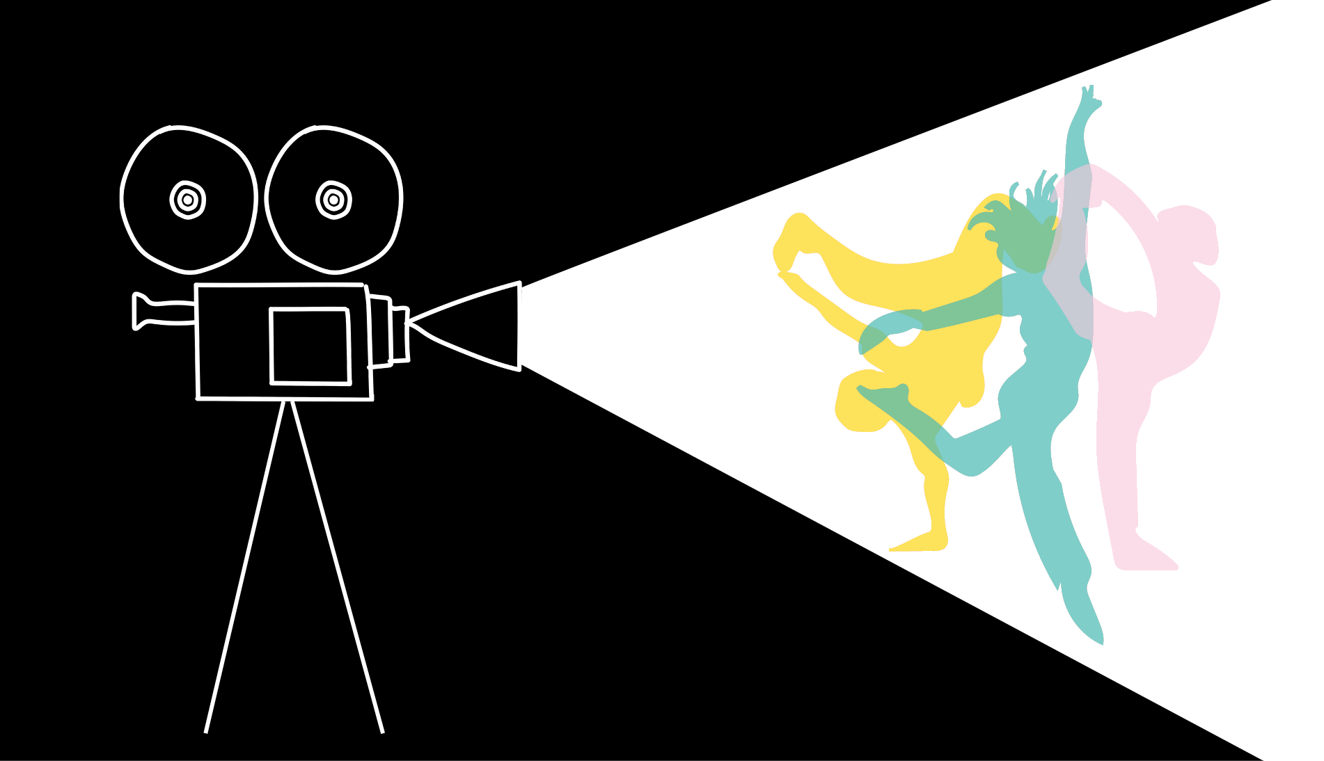 Illustration of an old-fashioned film camera shining light on dancers.