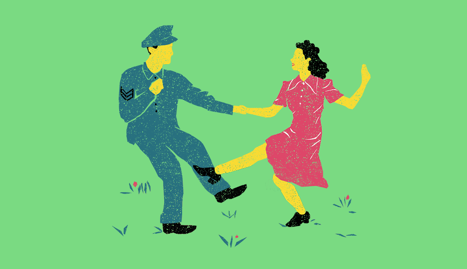 Green banner with illustrate police uniform person dancing with a female character in a pink dress