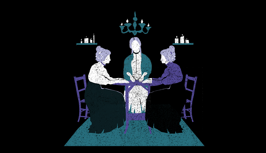 Black banner with illustrations of three elderly women facing each other