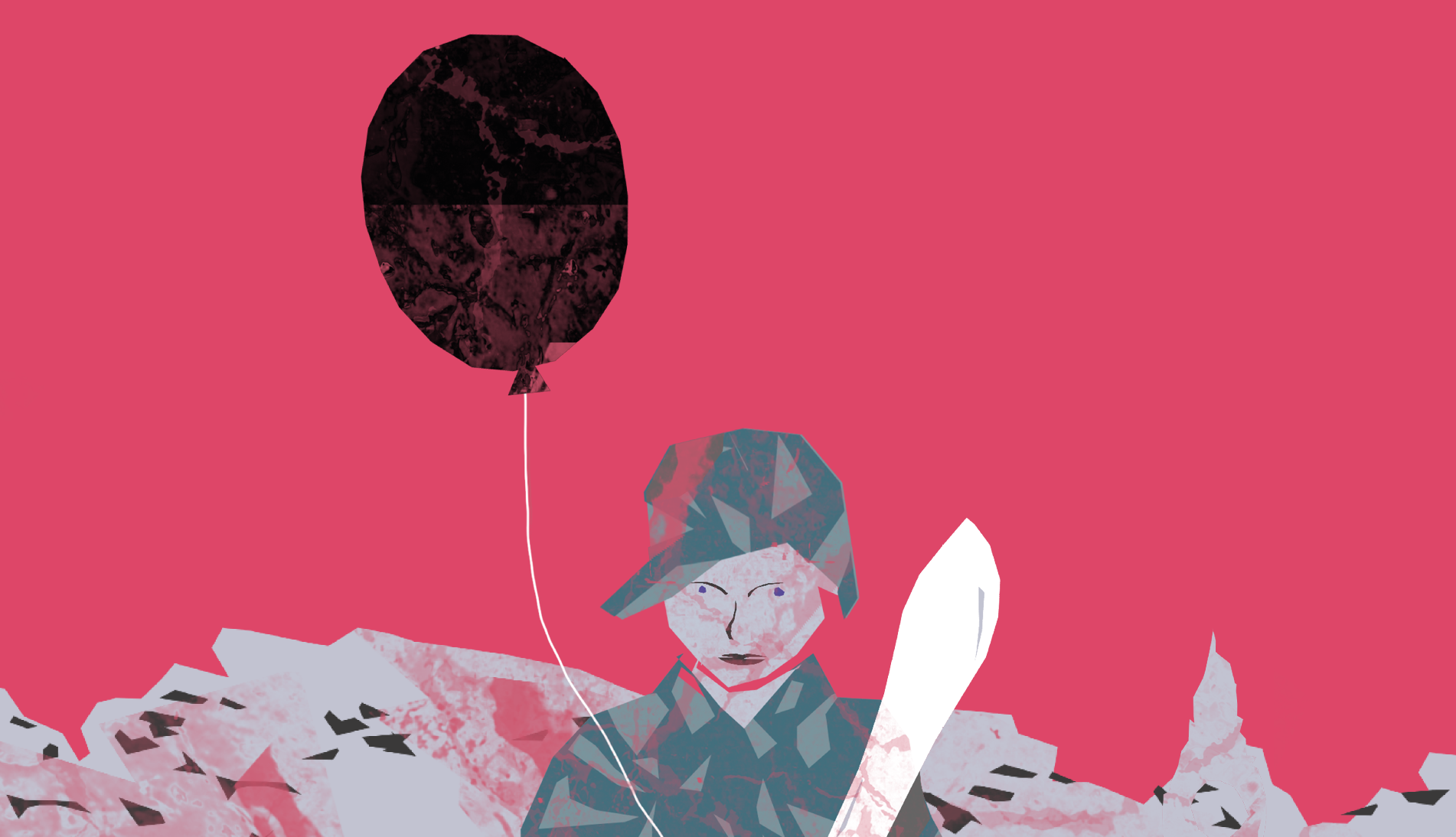 Illustration of a person holding a knife as a weapon and a balloon