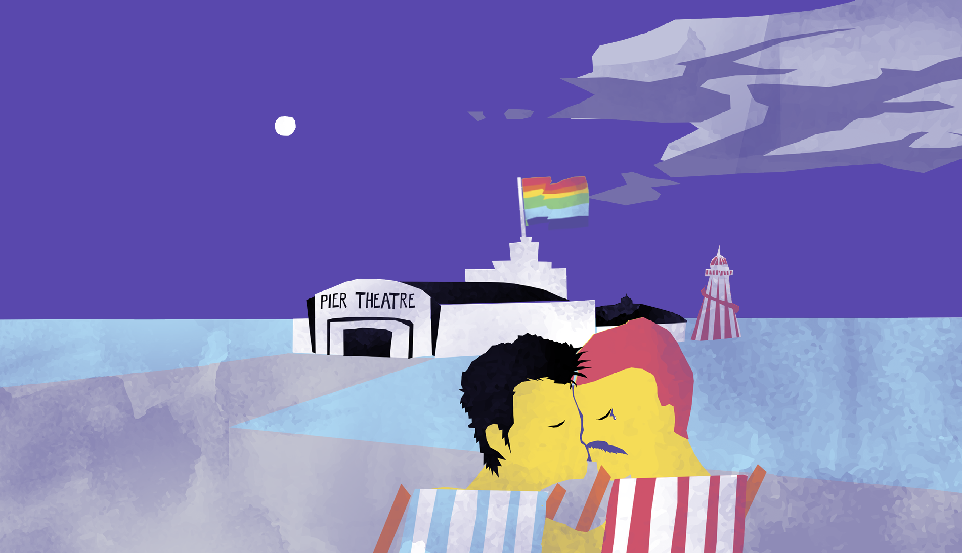 Illustration promoting AUB Productions theatre production of Until the Sun Goes Down –  a masculine presenting, couple are kissing on Bournemouth beach in front of the pier. An LGBT+ pride flag is atop the pier.