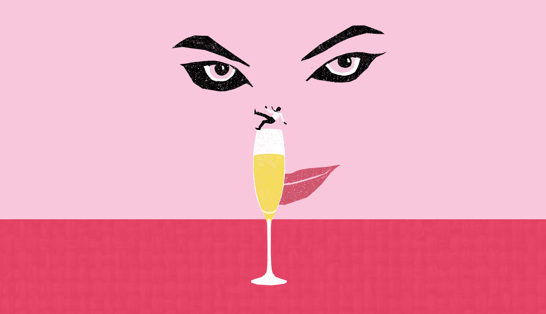 Illustration of a face smirking behind a glass of Prosecco – a man in a suit is falling into the glass
