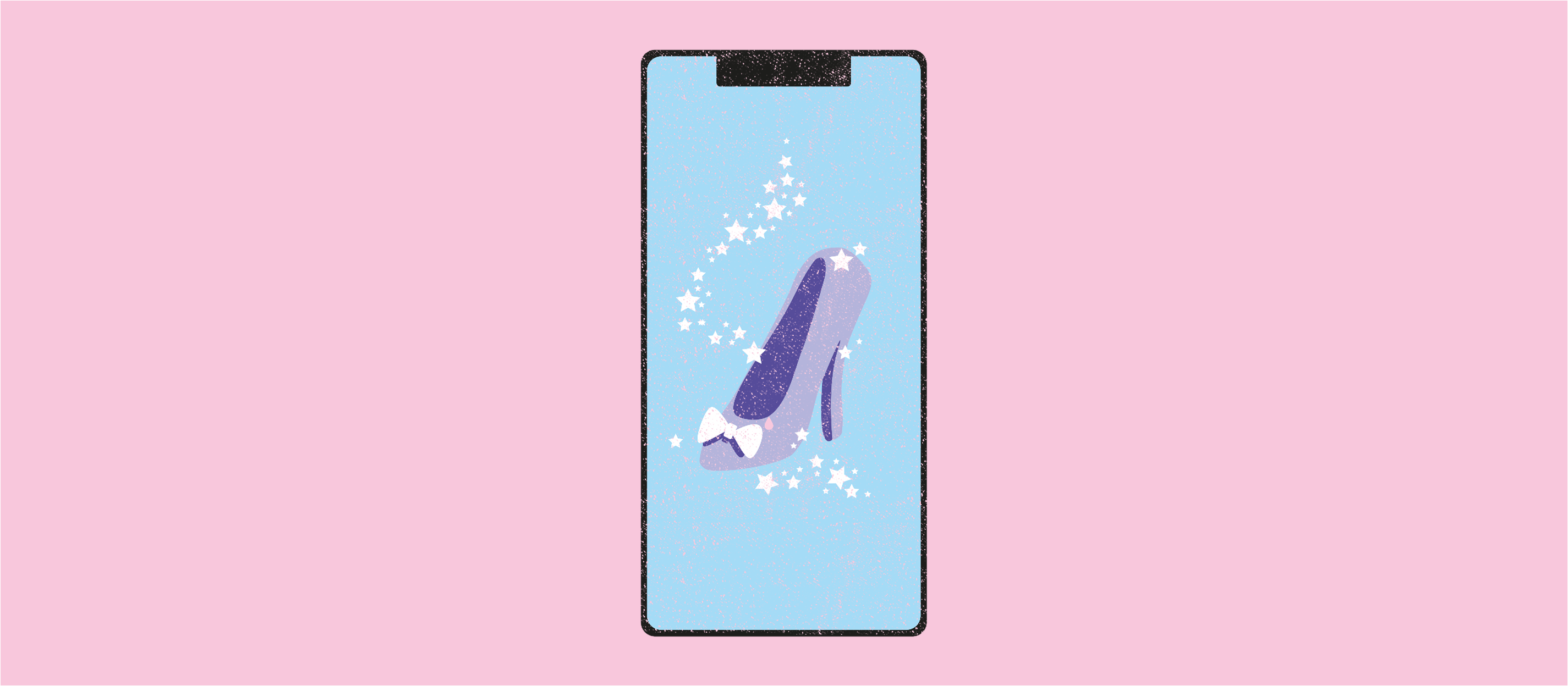 Pink background with an illustration of a phone featuring Cinderella inspired shoe