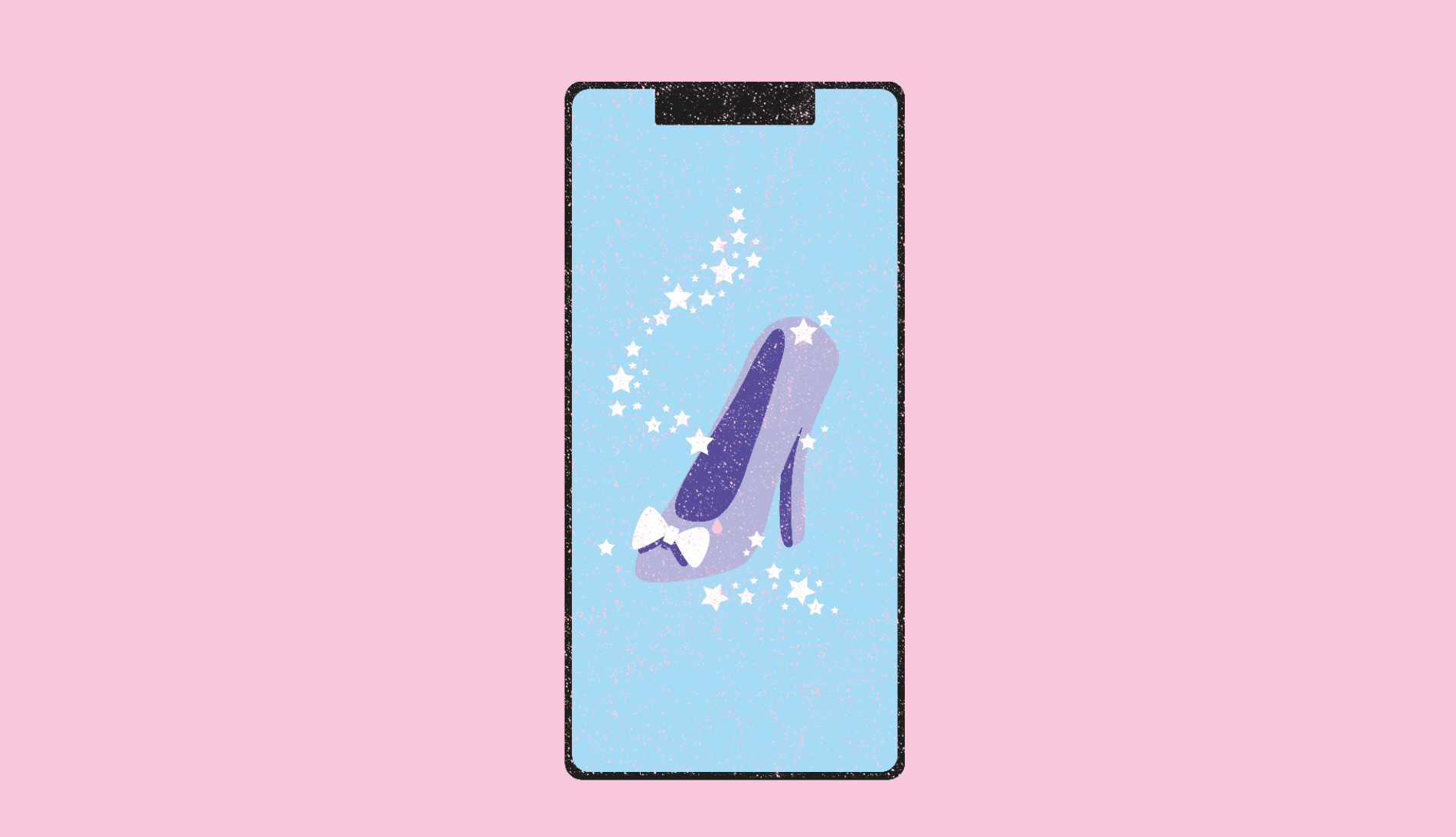 Pink background with an illustration of a phone featuring Cinderella inspired shoe