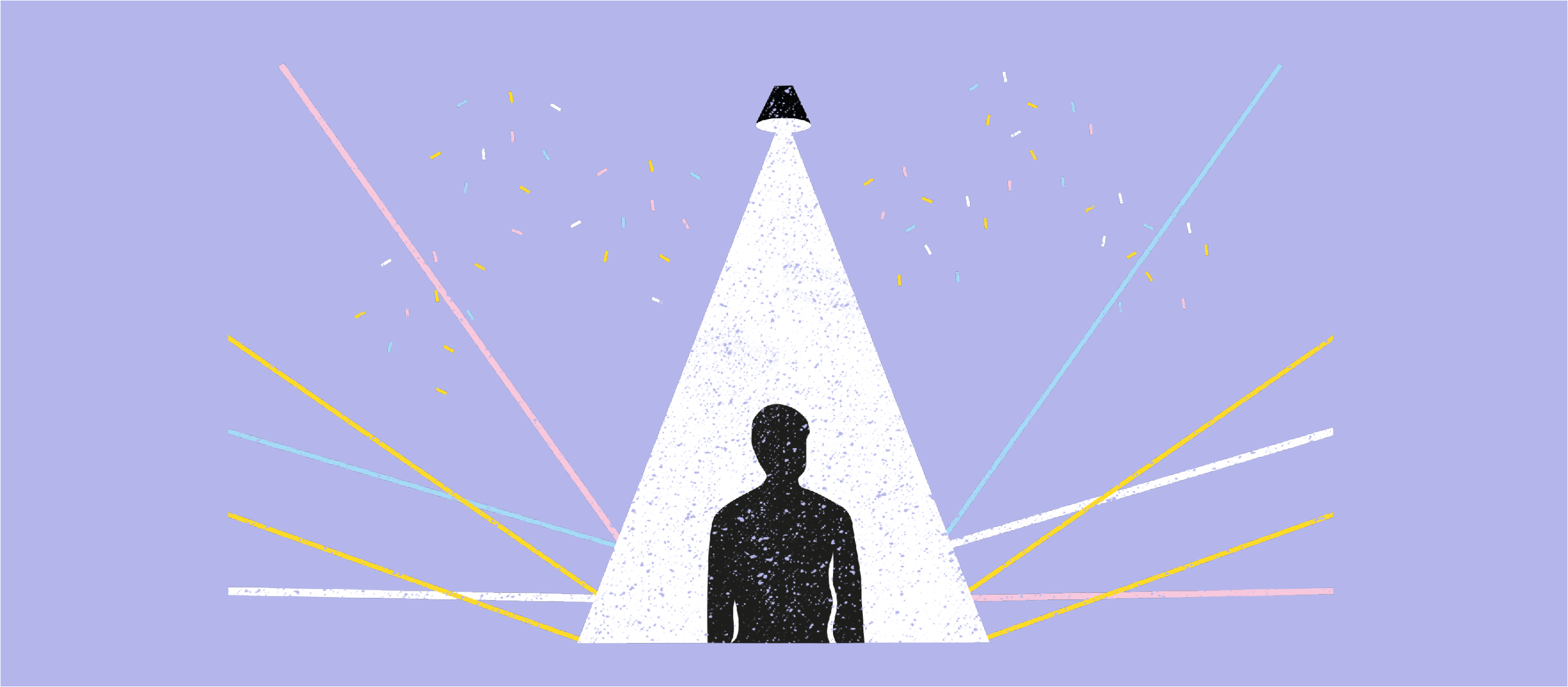 Illustration of a person with a spotlight and multi-coloured line on them.