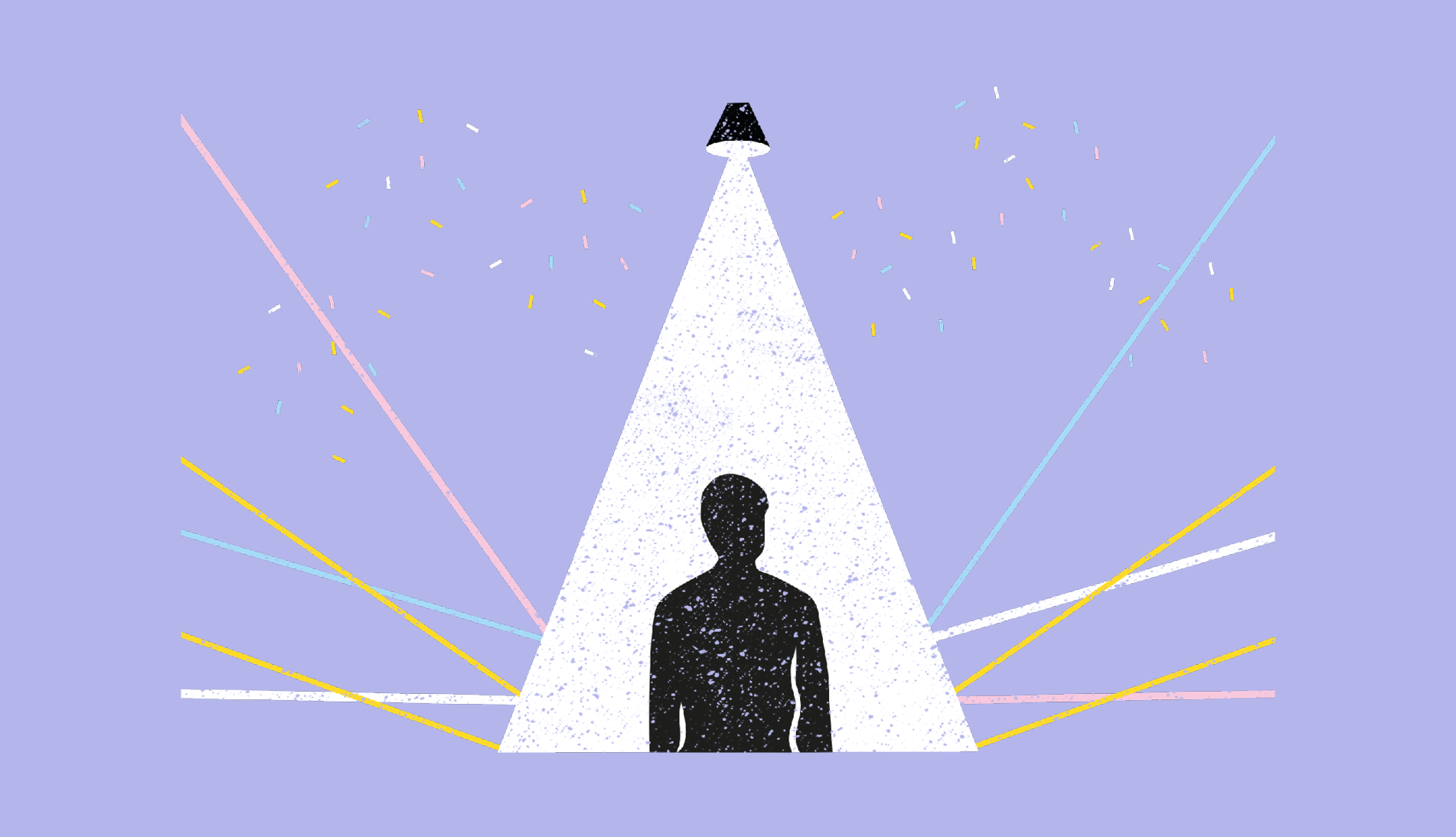 Illustration of a person with a spotlight and multi coloured line on them