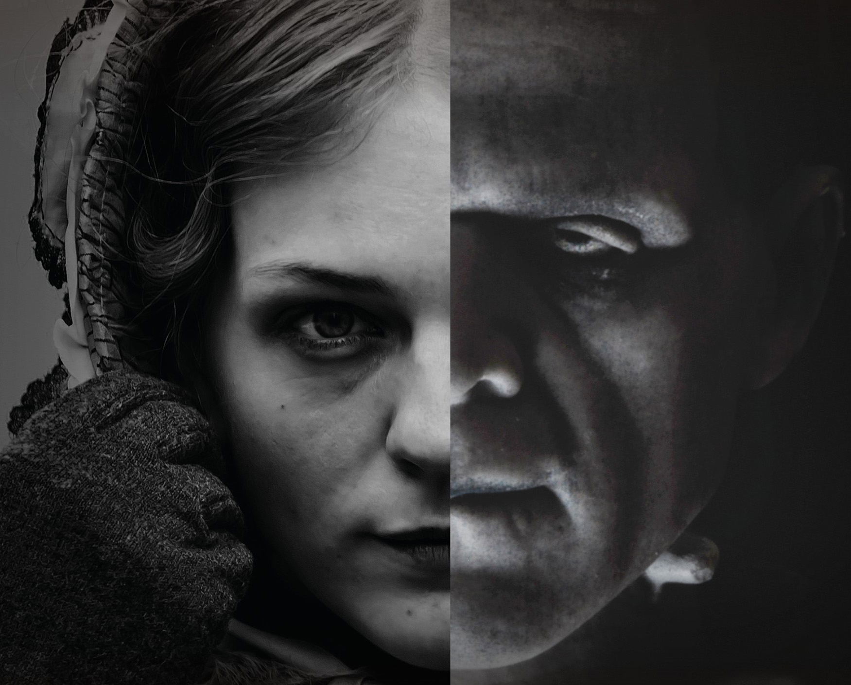 Two halves of two black-and-white images arranged next to each other. The left image shows a young woman's face, holding a bonnet with a gloved hand. The right image shows Boris Karloff as Frankenstein's Monster.