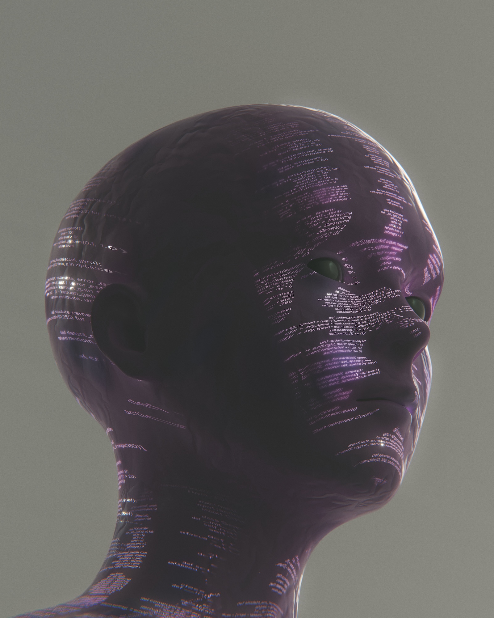A close-up view of a purple translucent mannequin head with text patterns projected onto its surface. The background is plain and grey, highlighting the intricate details of the text and the head's smooth contours.