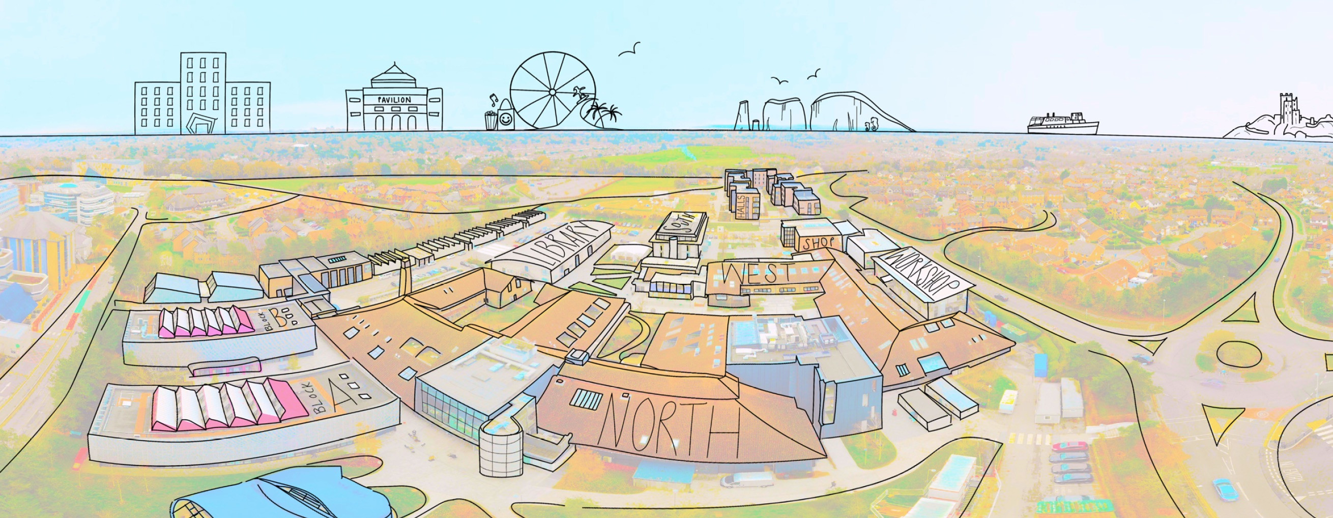 Illustration of the AUB campus with surrounding roads. Other buildings, a ferris wheel and boats are visible in the background.