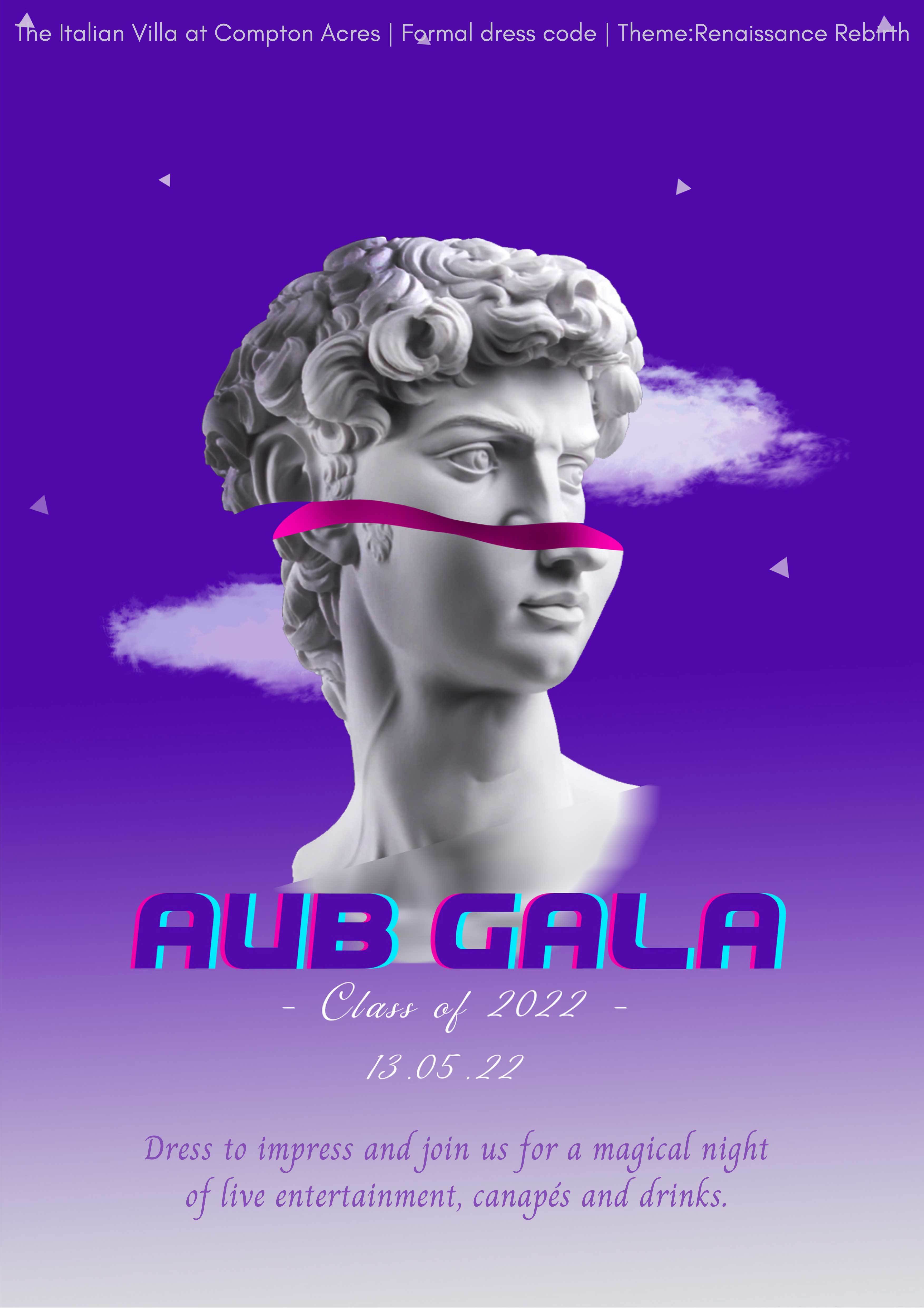 AUB Gala event poster featuring dates and times for event and an image of a classical-style statue head being cut in half on a purple backdrop