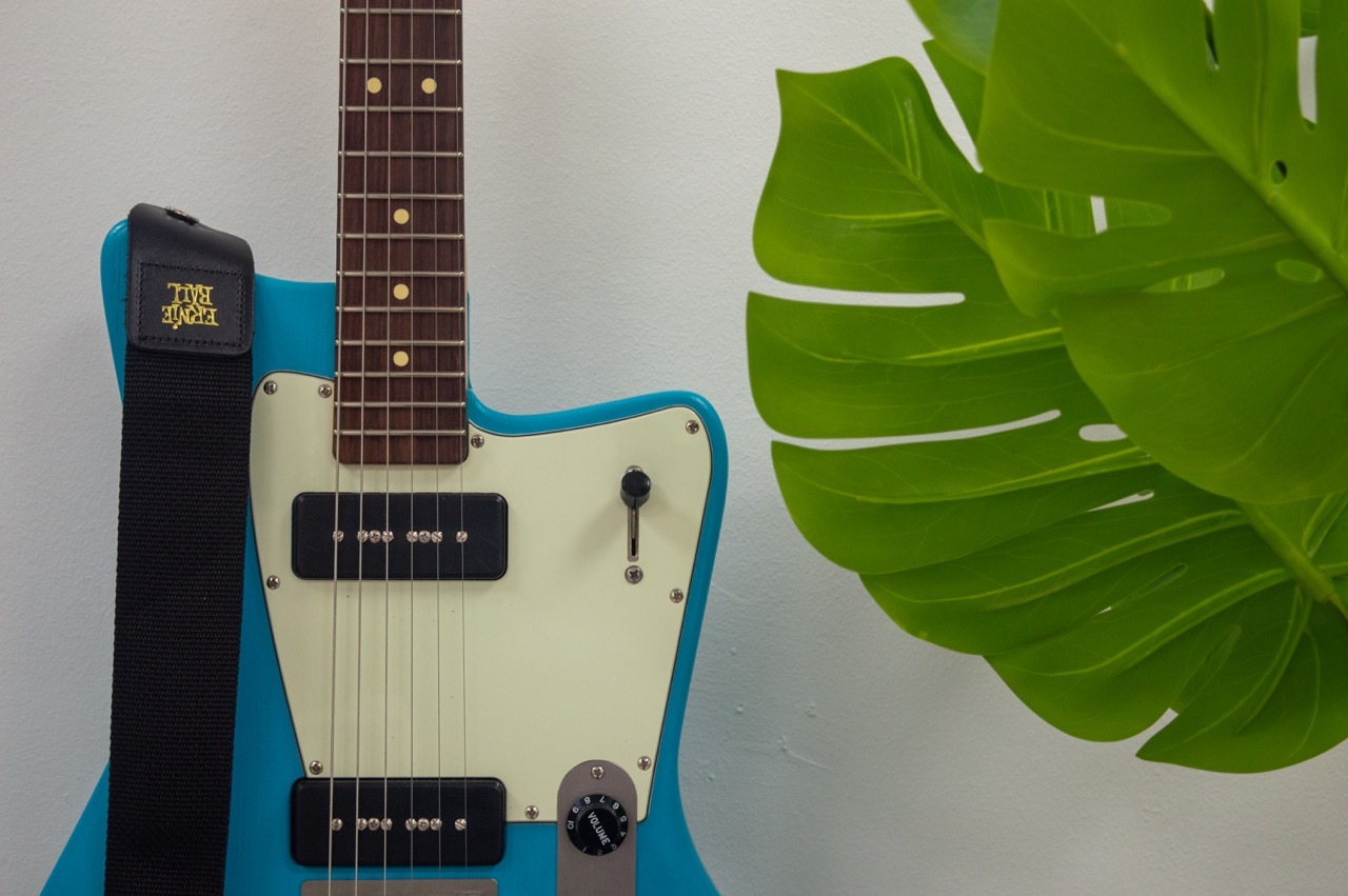 A blue guitar next to a plant