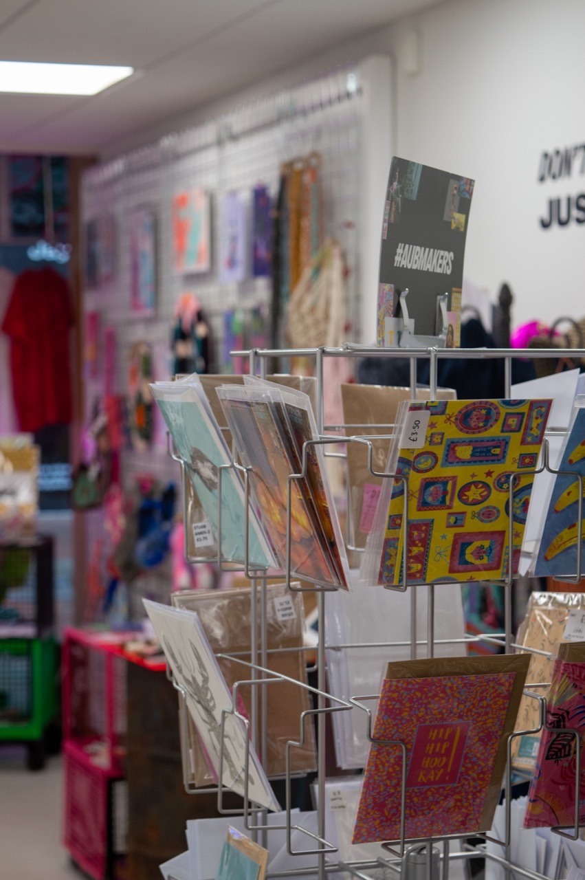 The AUBMAKERS shop, with illustrated cards created by students.