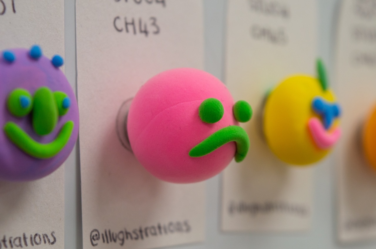 A collection of faces on different coloured balls